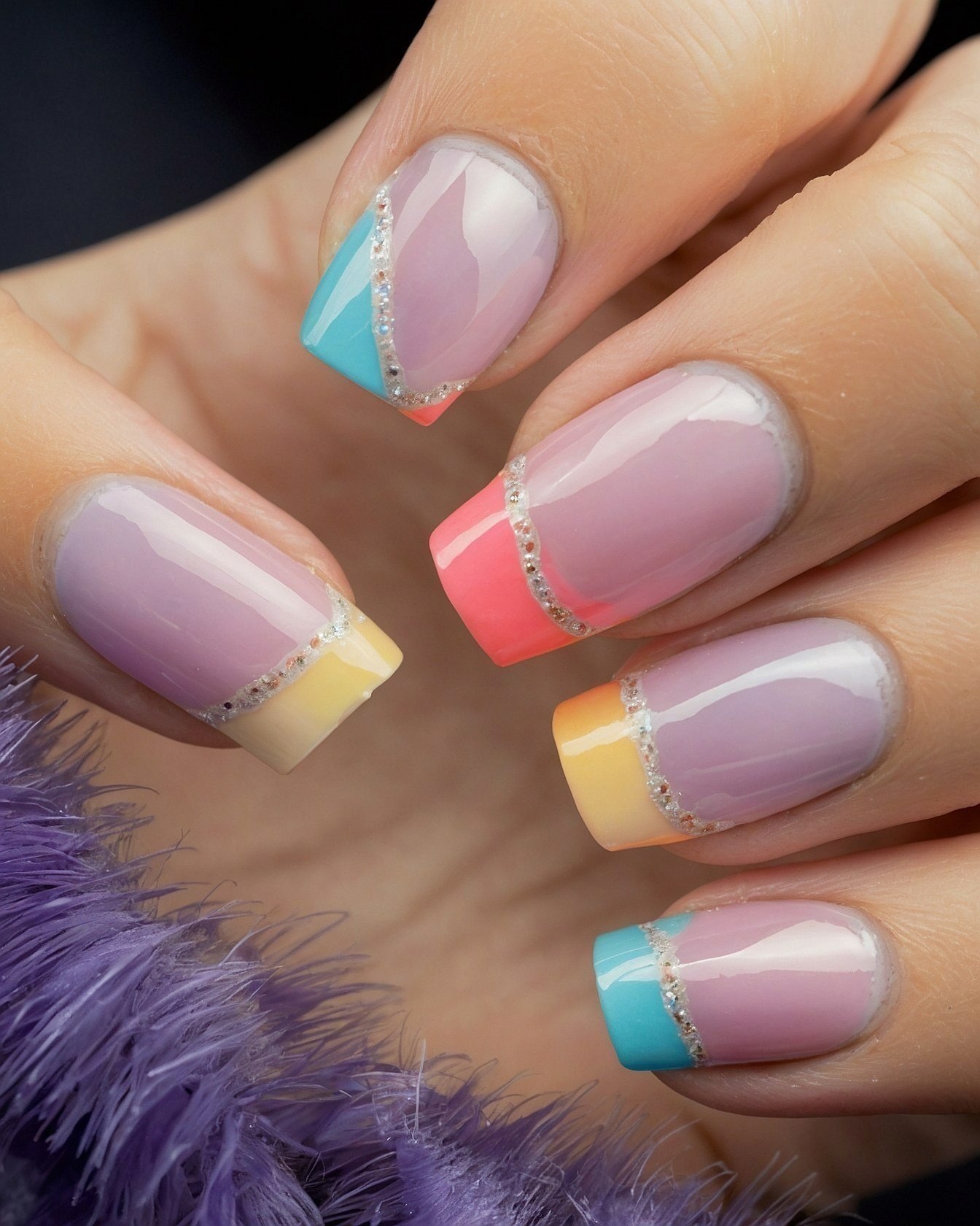 Abstract French Tips with Pastel Hues and Glitter Accent