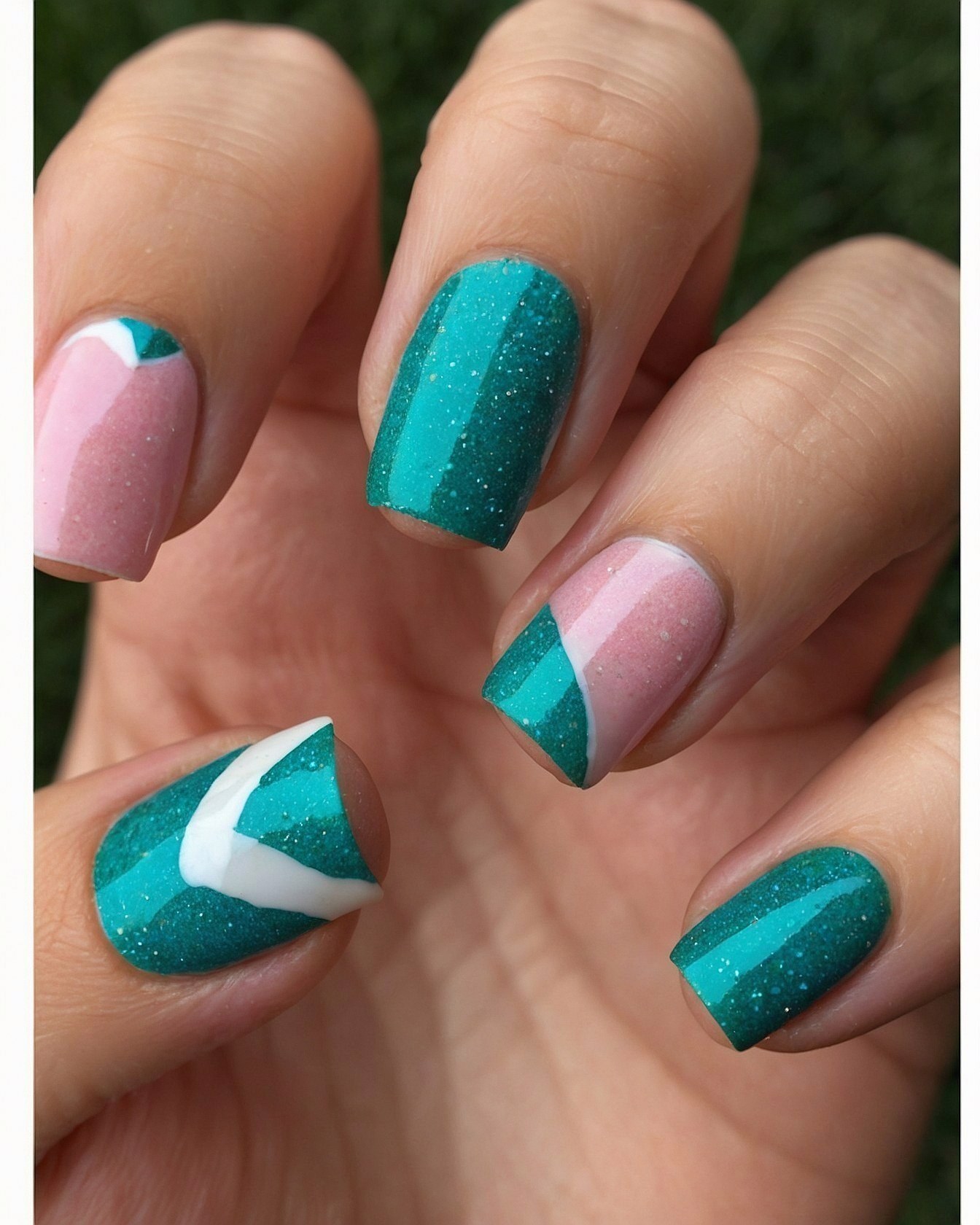 Geometric French Tips with Teal Sparkle and Pink Dust