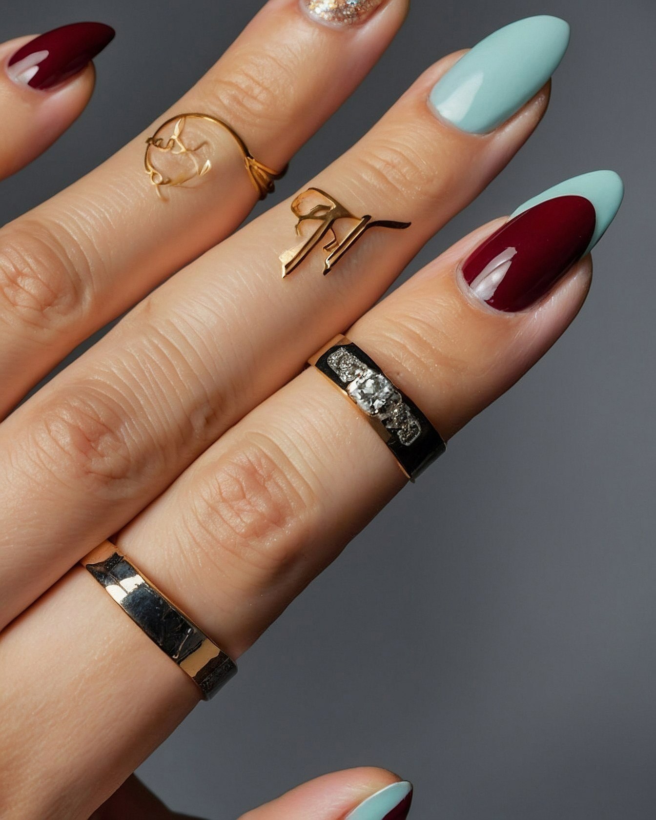 Close-up of Almond Nails with Bold Color Blocking