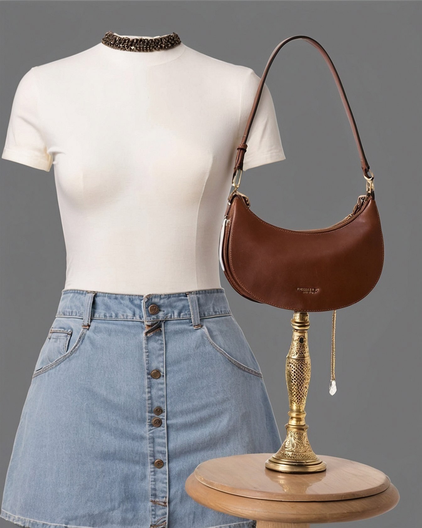 Button-front denim skirt and choker detail