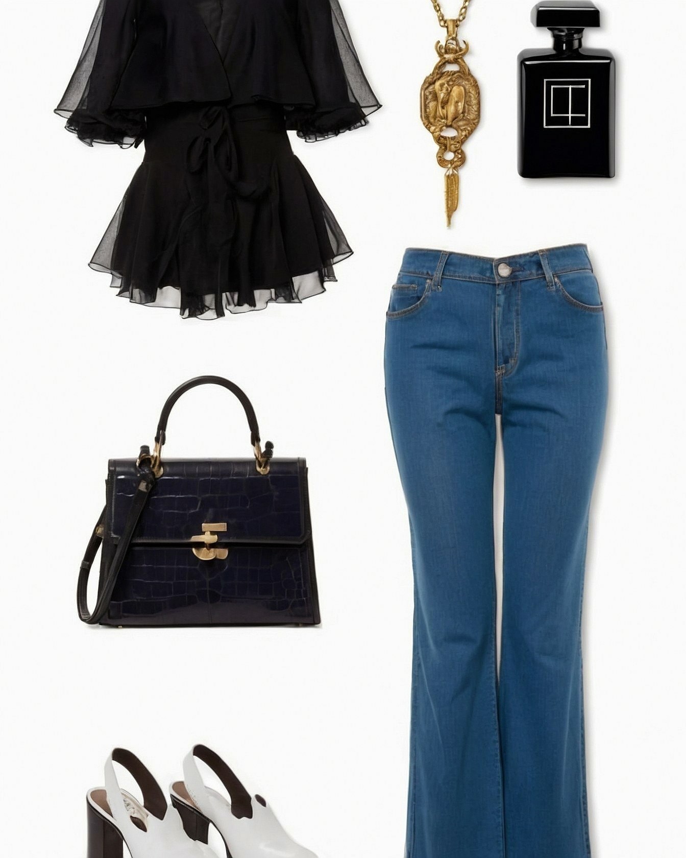 Flared denim meets delicate black