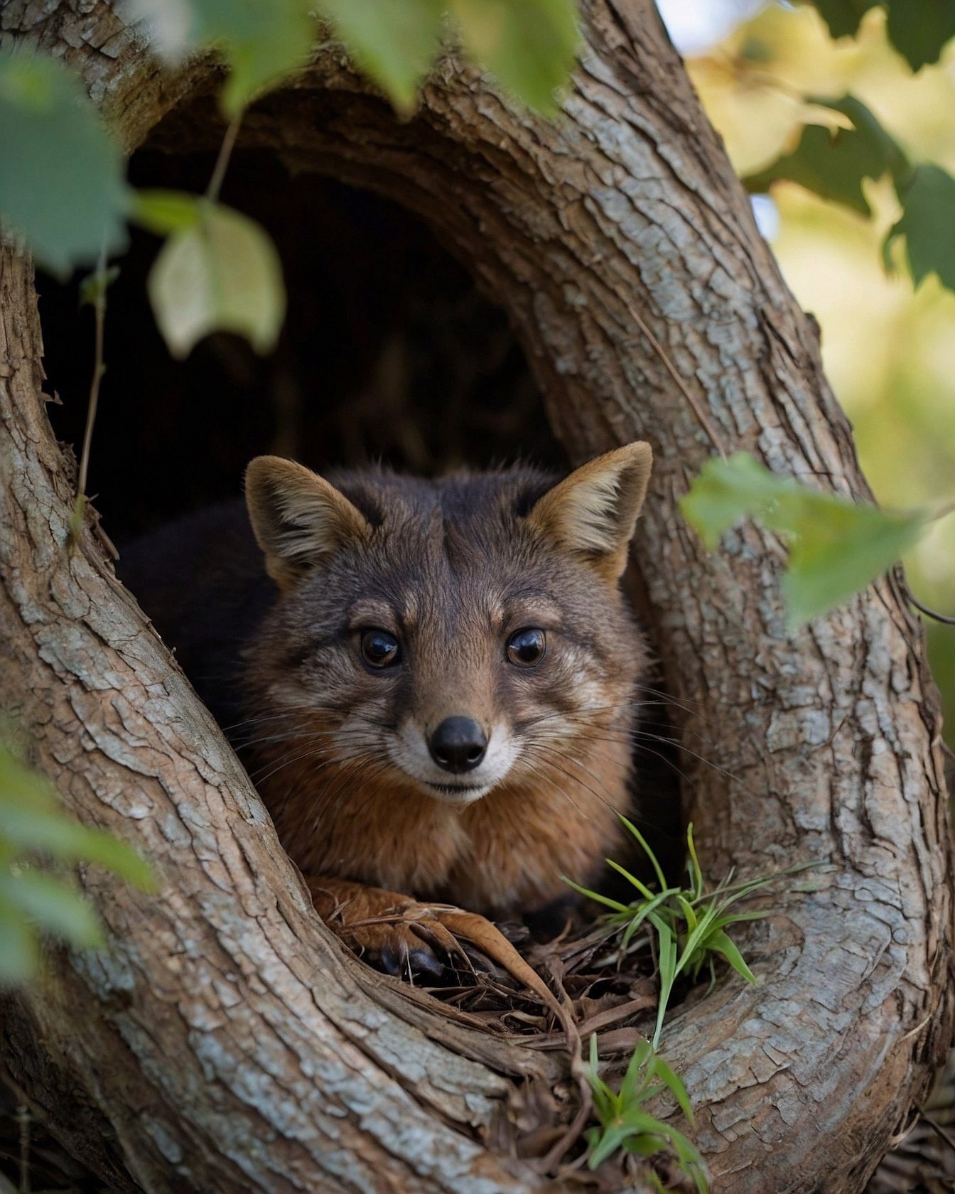 A fox peeks from a tree hollow