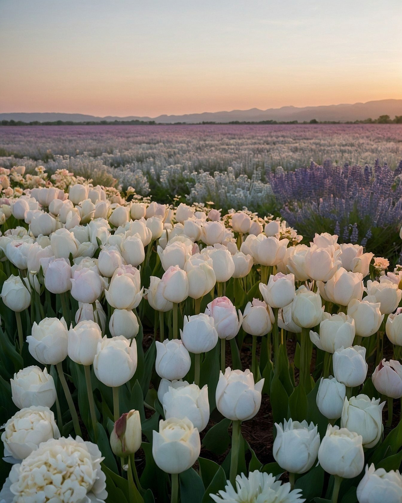 Close-up of Soft White Tulips with Lavender Fields Beyond