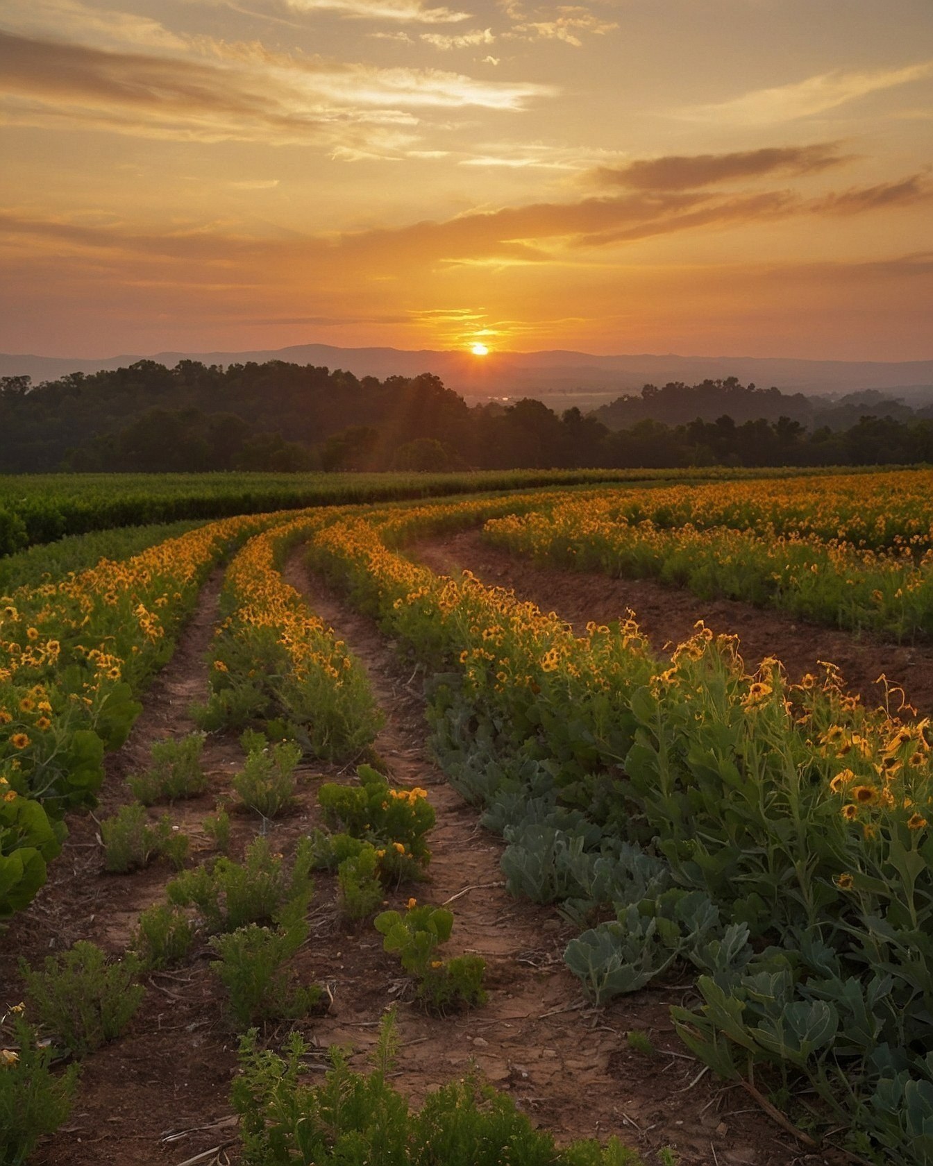 Sunset over a Sunflower Field with Rolling Hills