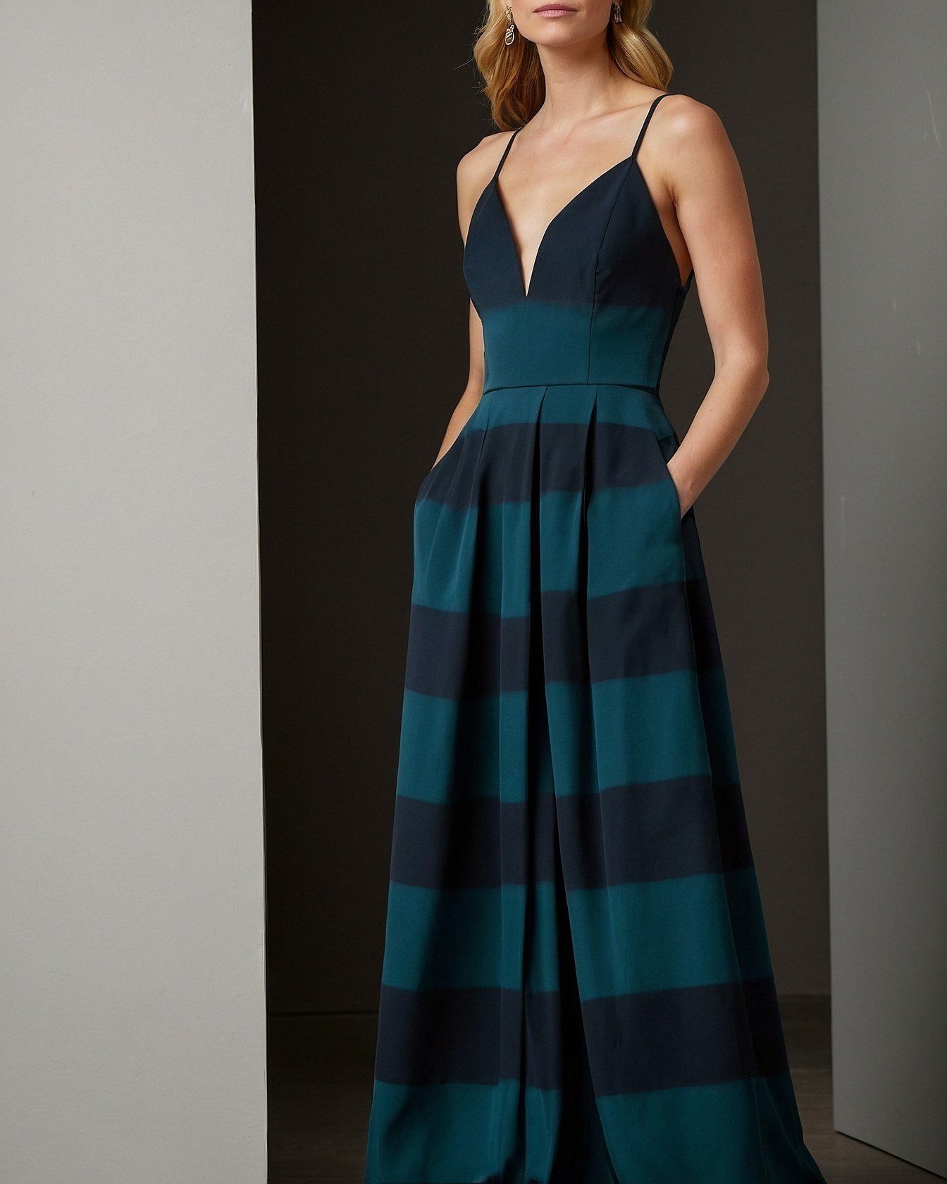 Deep V-Neck Maxi Dress with Bold Stripes