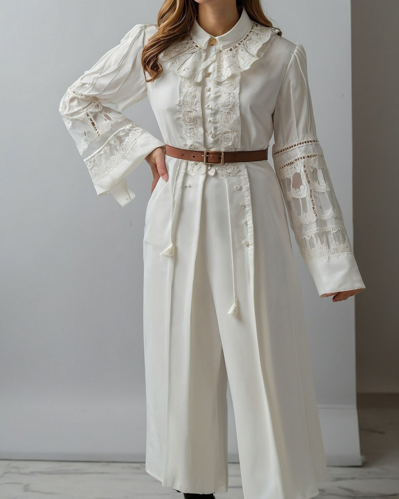 Vintage-Inspired Lace and Buttoned Wide-Leg Pants