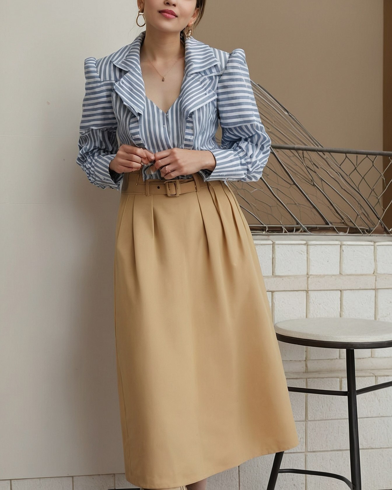 Puffed Sleeve Blouse Meets A-Line Skirt