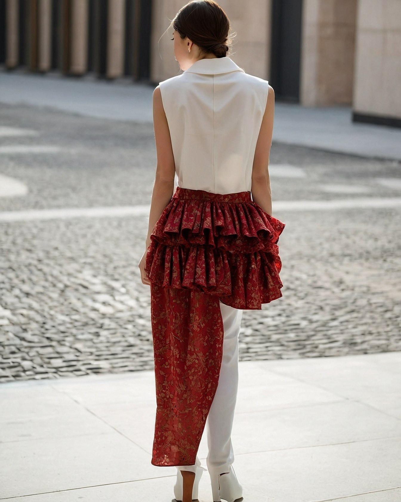 What makes this layered red skirt so striking?