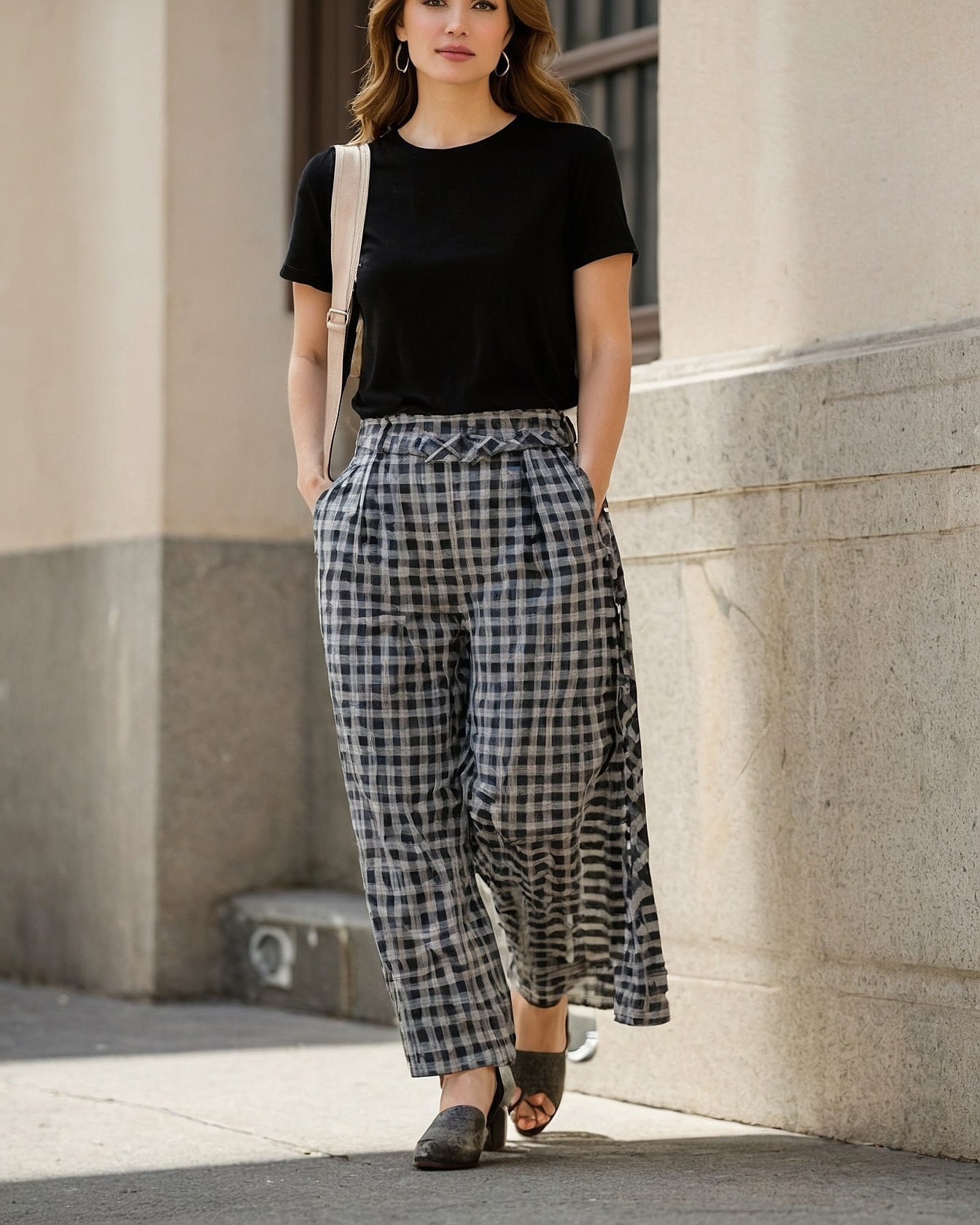 Chic Gingham Pants Styled with a Simple Black Tee