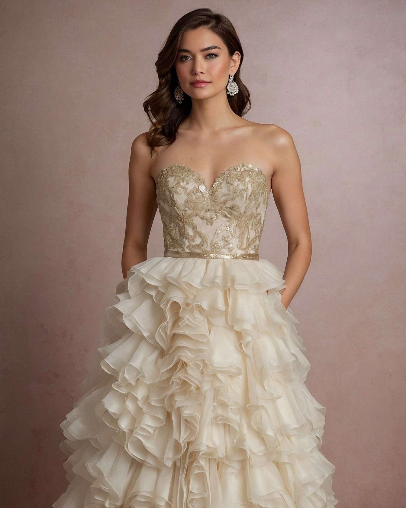 Strapless bodice meets dramatic ruffled skirt