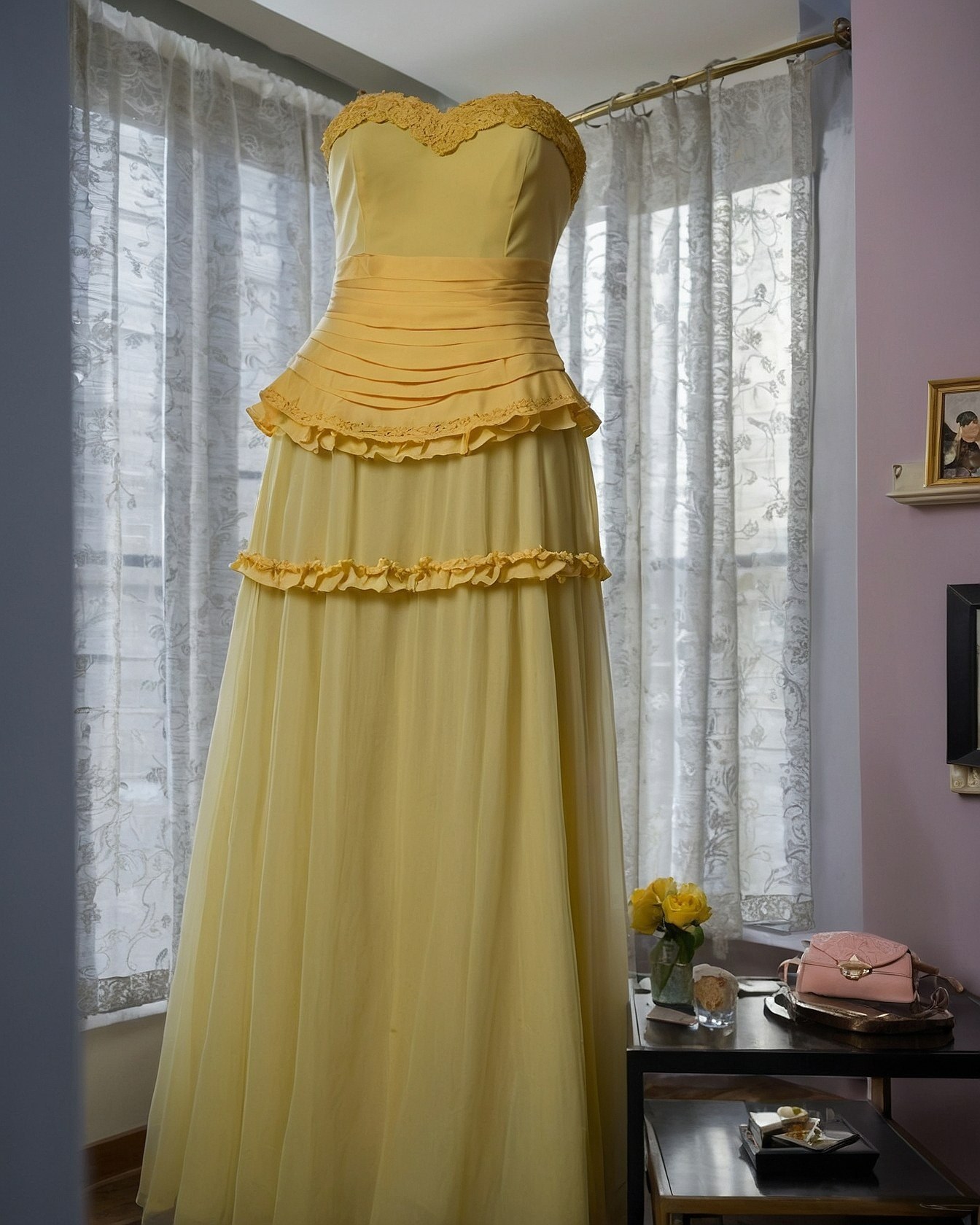 What makes this strapless yellow gown so striking?