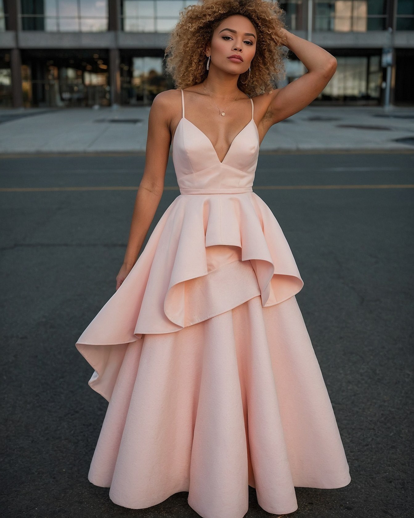 A soft pink gown with a modern urban backdrop