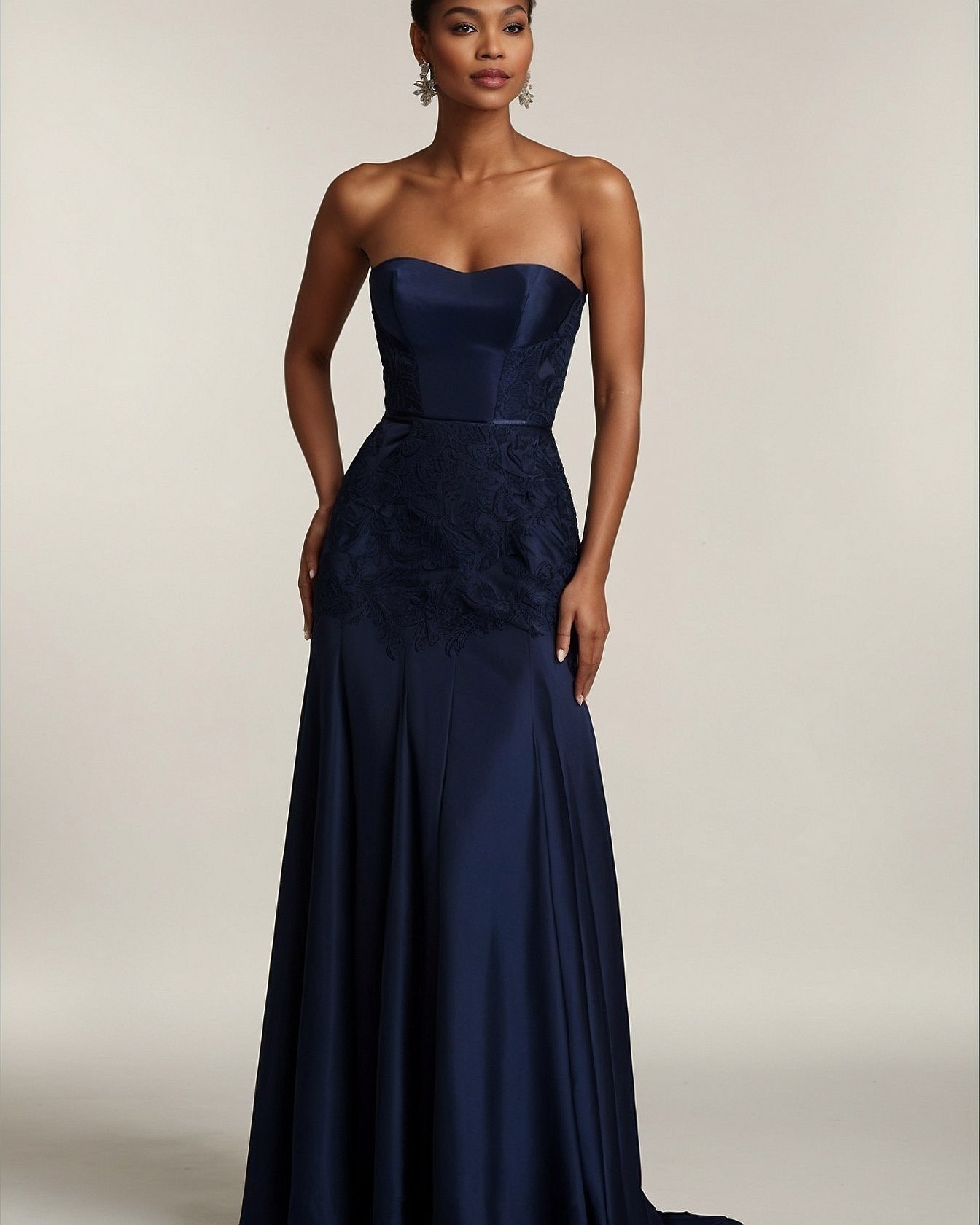 Midnight Navy Gown with Intricate Lace Overlay