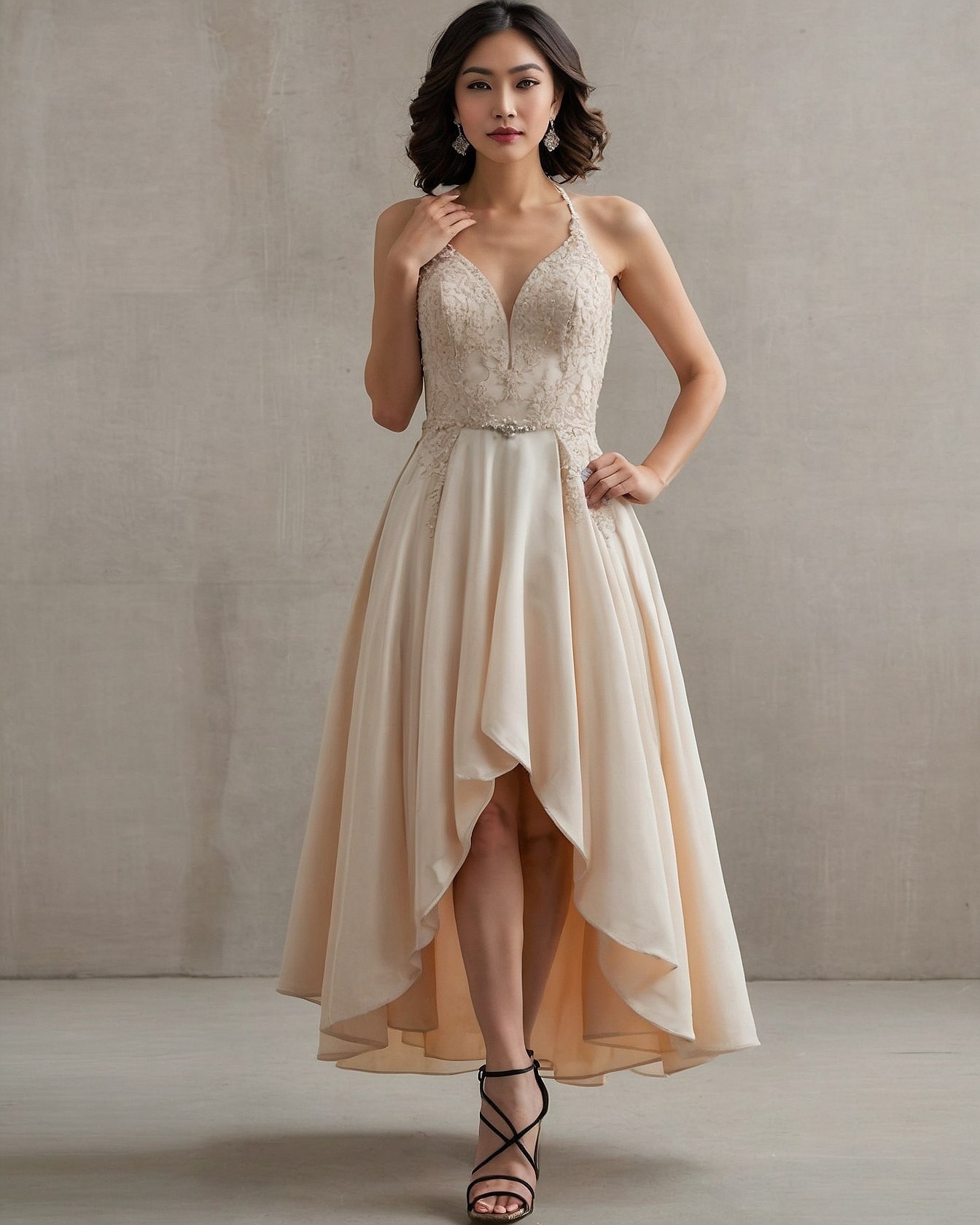 High-Low Hemline Dress with Intricate Lace Bodice