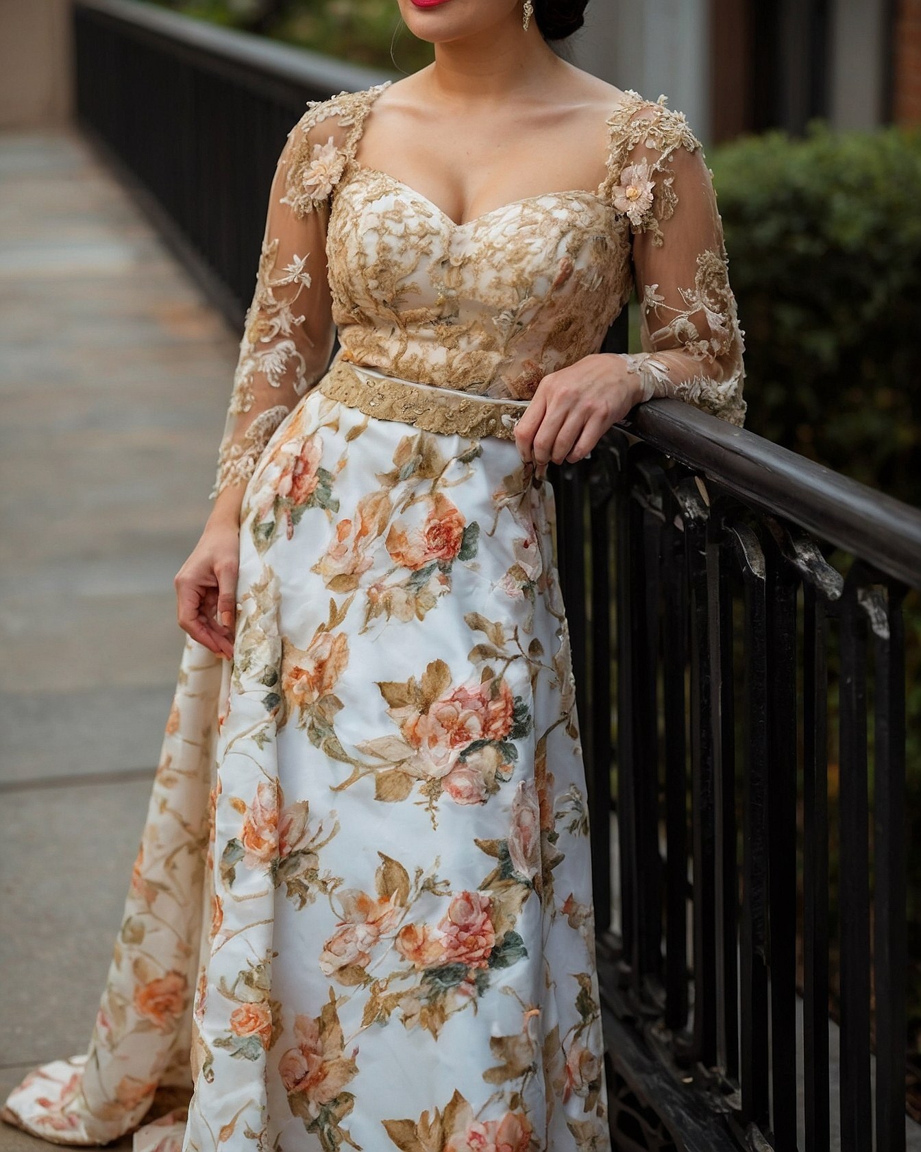 How is the floral skirt’s romantic appeal created?