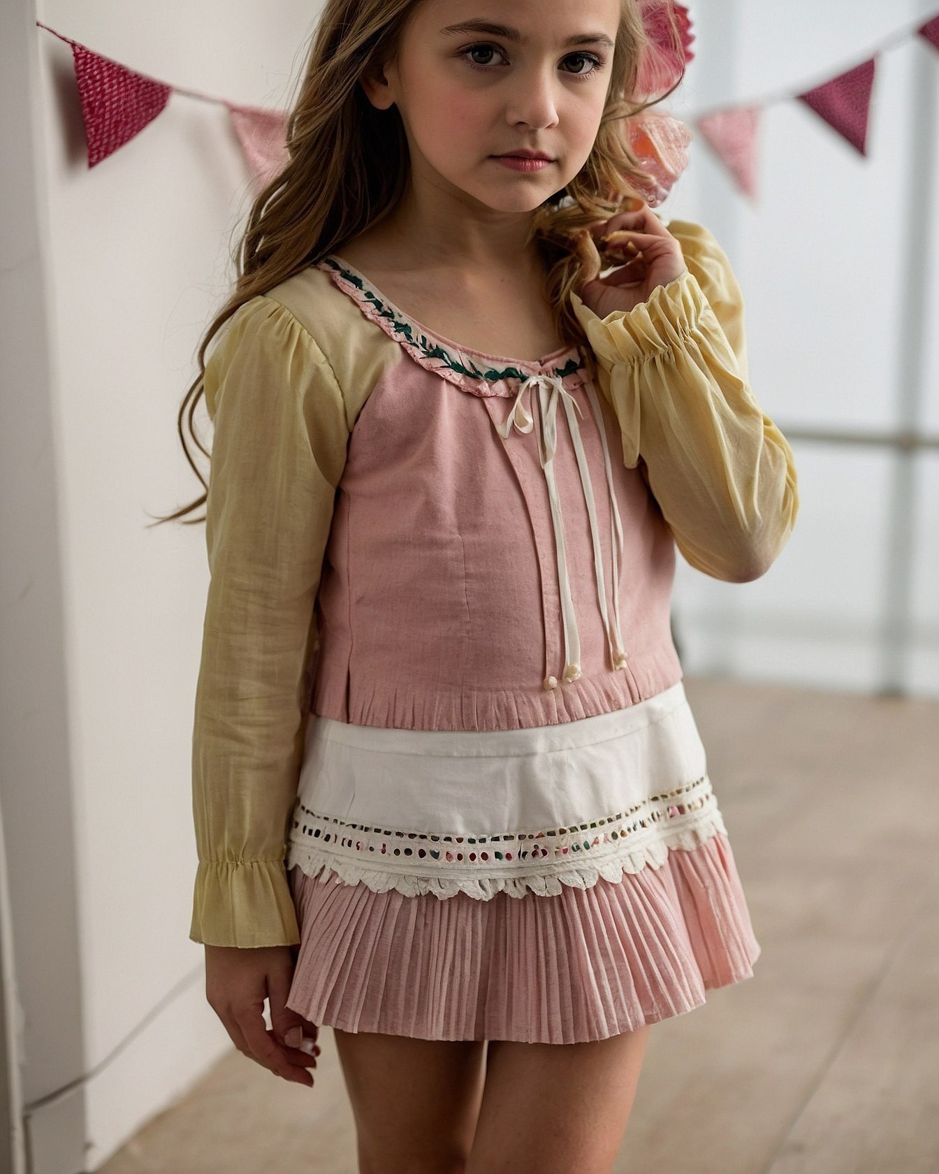 What makes this layered pink and cream outfit so unique?