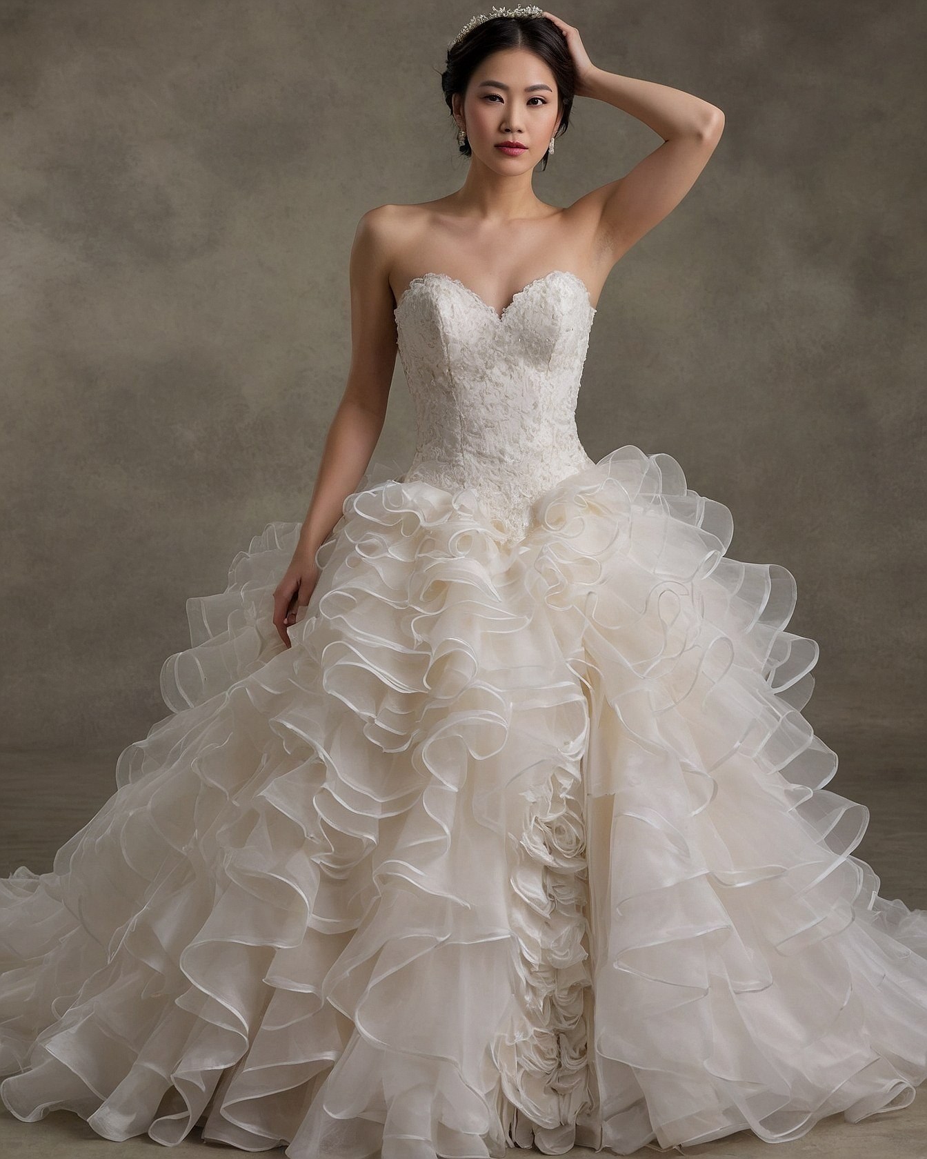 Strapless Ball Gown with Voluminous Ruffles and Lace Bodice