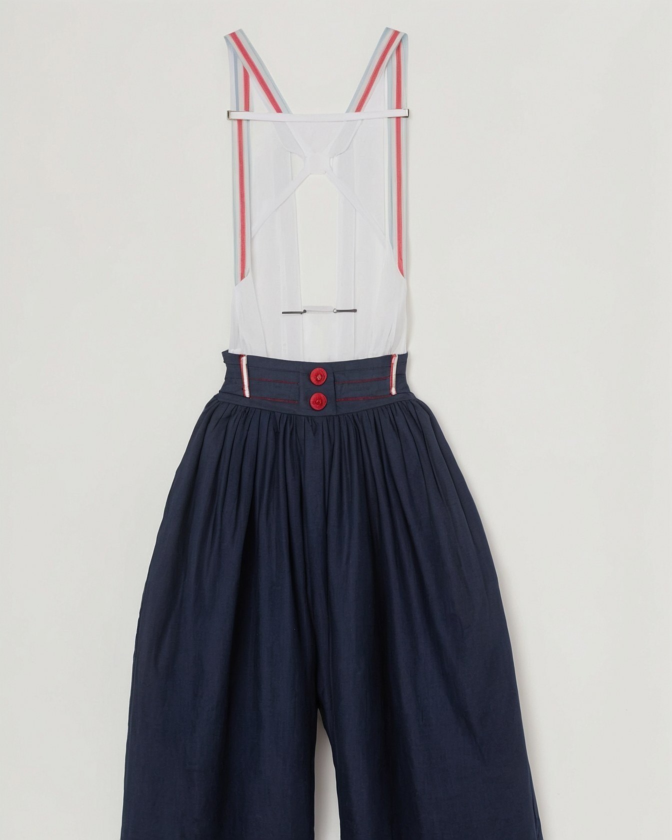 Striped Suspenders and Wide-Legged Trousers Detail