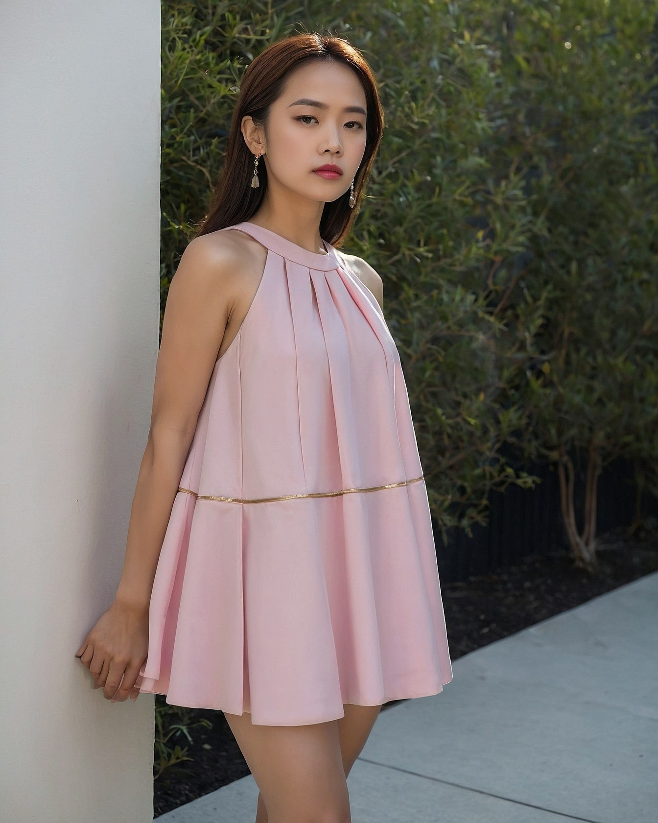 Soft pink A-line mini dress with pleated bodice