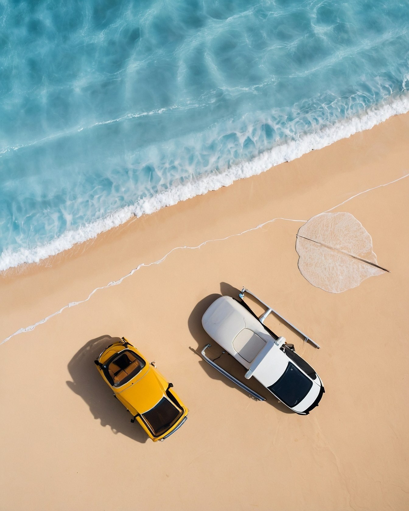 Aerial View: Two Toy Cars on a Sandy Shoreline