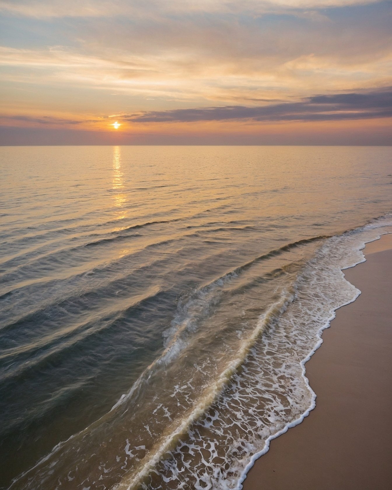 Gentle Waves Meeting Sandy Shore at Dusk