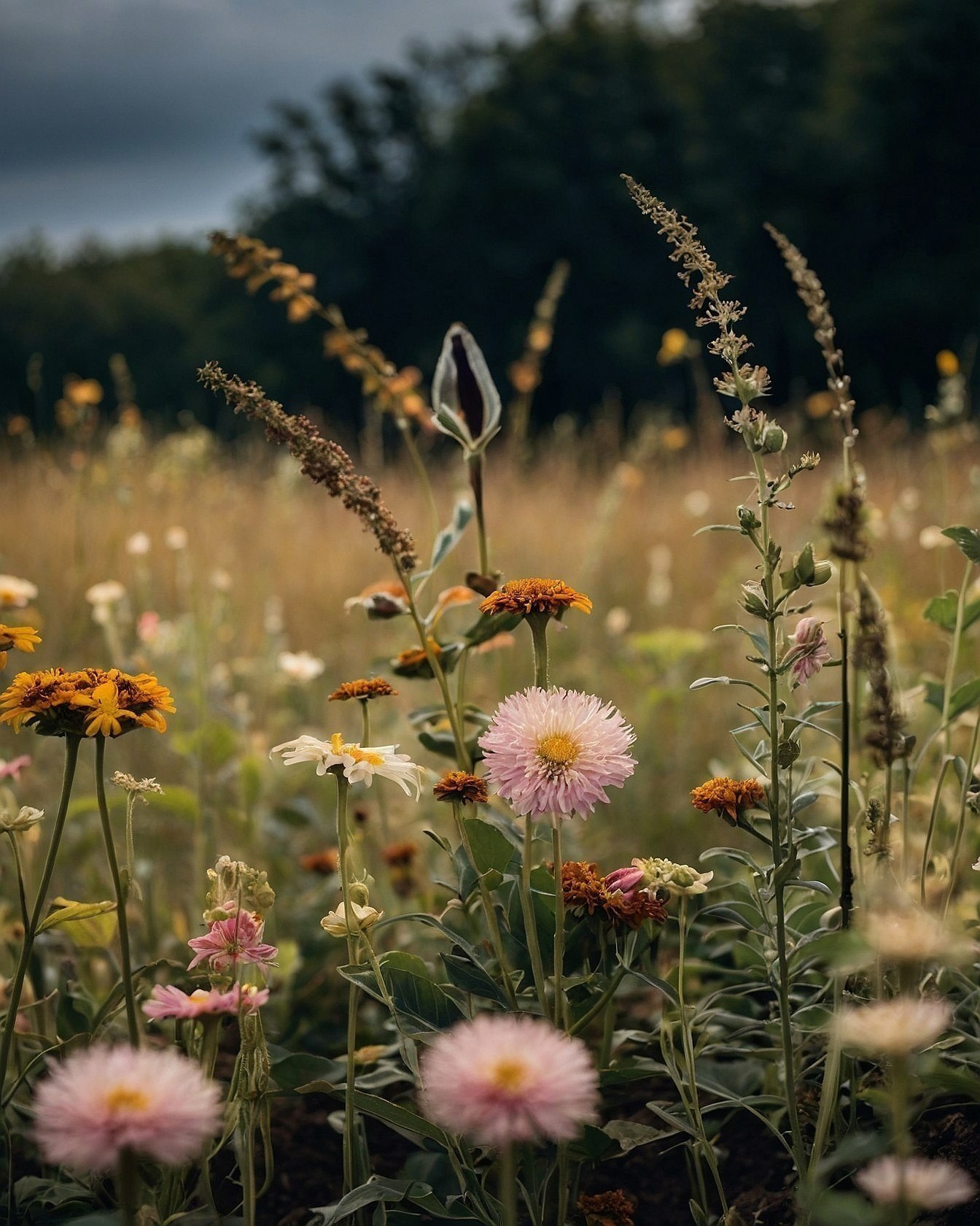 Close-up view of a field of wildflowers