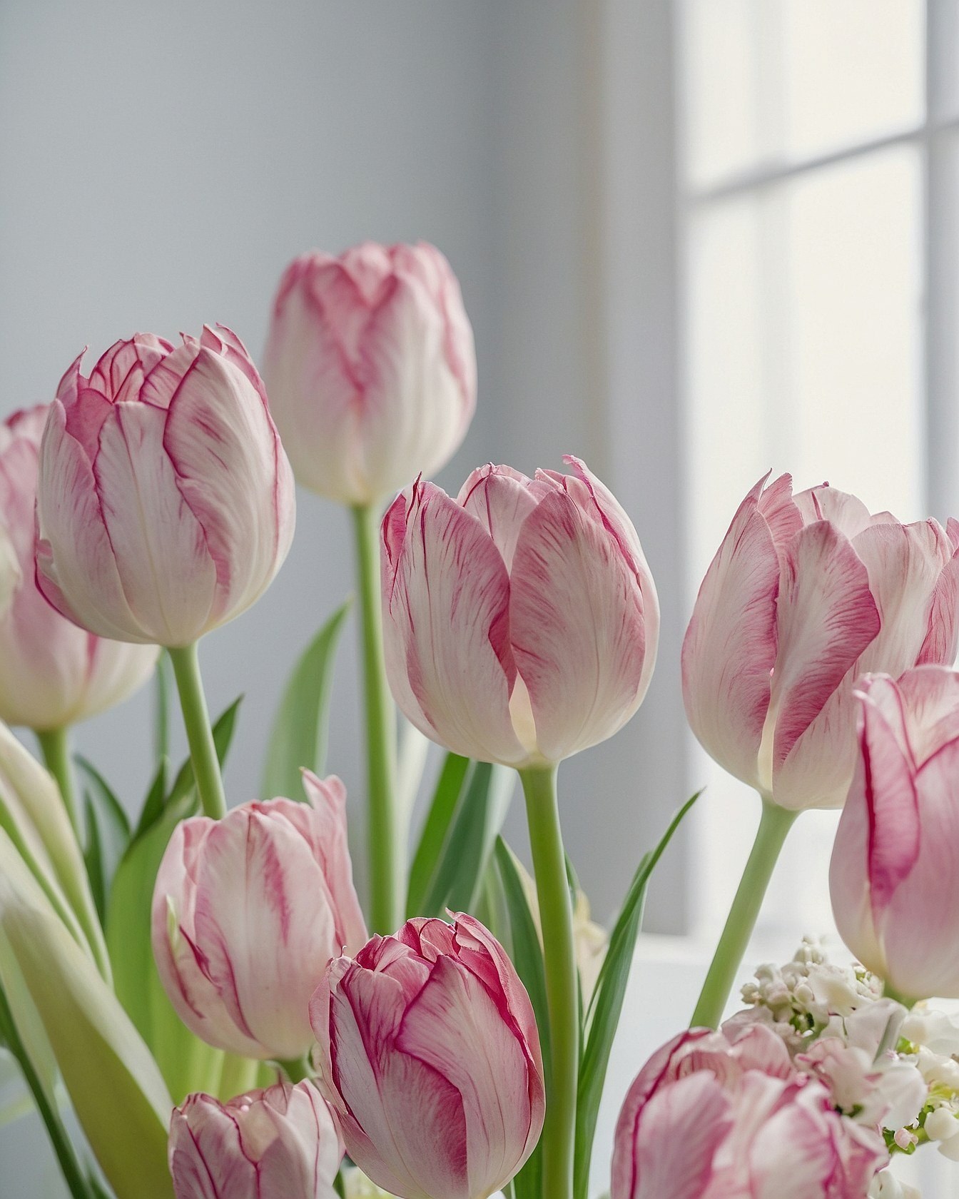 Close-up of Soft Pink and White Tulips