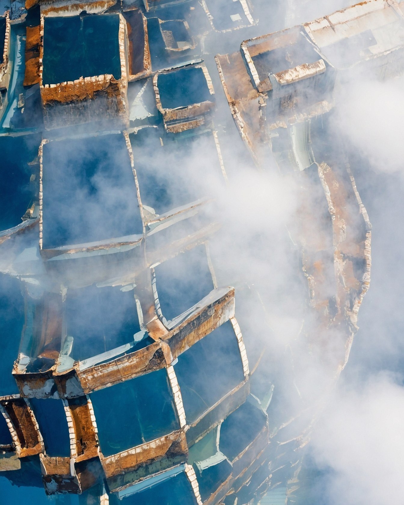 Aerial View of Salt Pans with Wisps of Fog