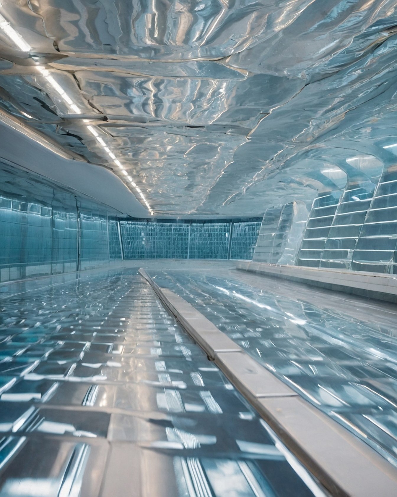 What creates this futuristic, mirrored corridor?