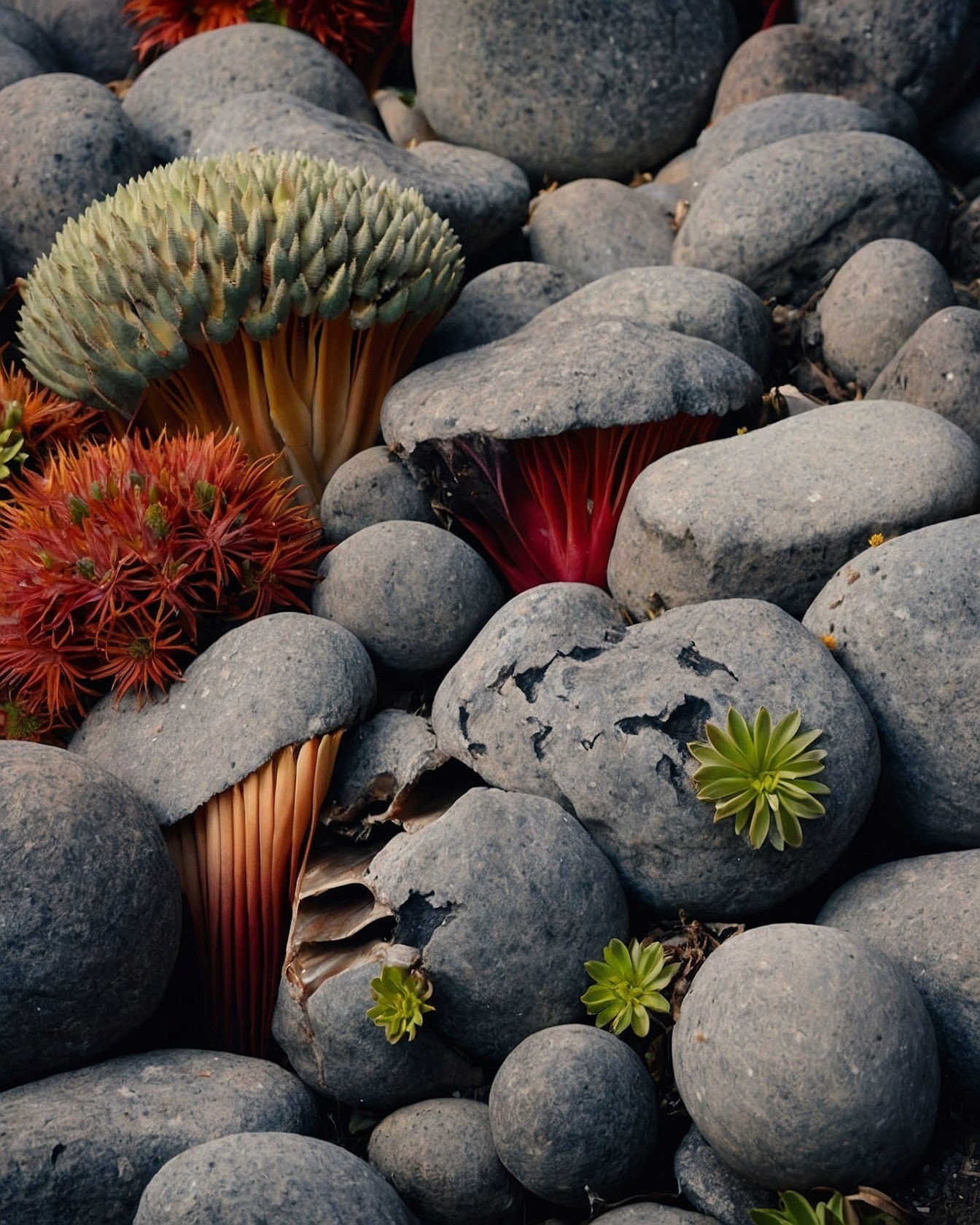 Organic Forms Amidst Smooth, Cool Grey Stones