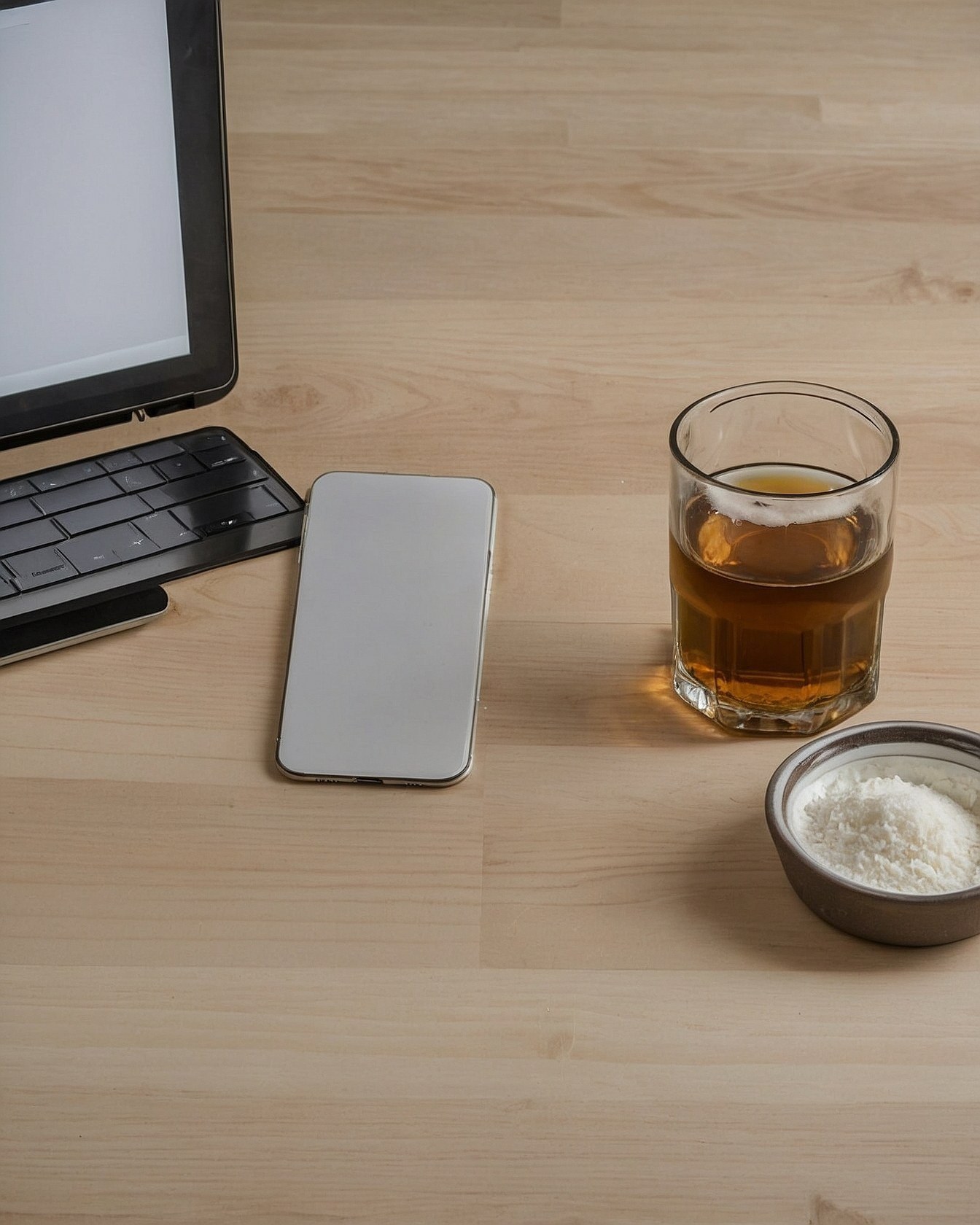 Minimalist workspace with tech and refreshments