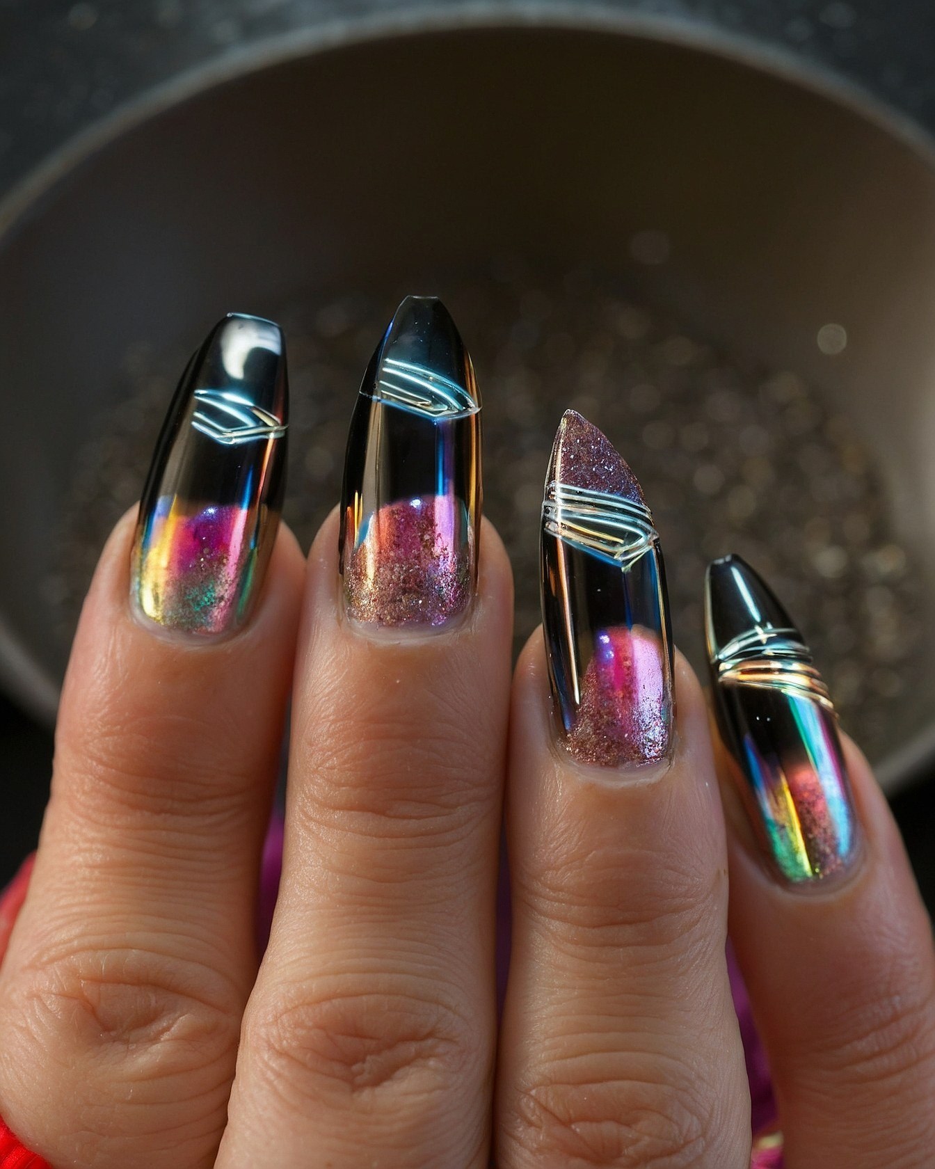 Iridescent Chrome and Glitter Nail Design