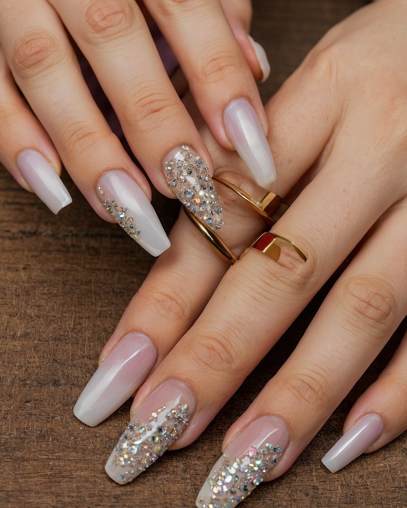 Coffin nails adorned with rhinestones and subtle shimmer