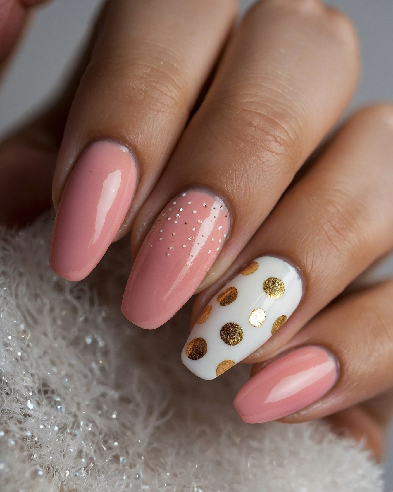 Playful Polka Dots and Subtle Glitter Accent Nails