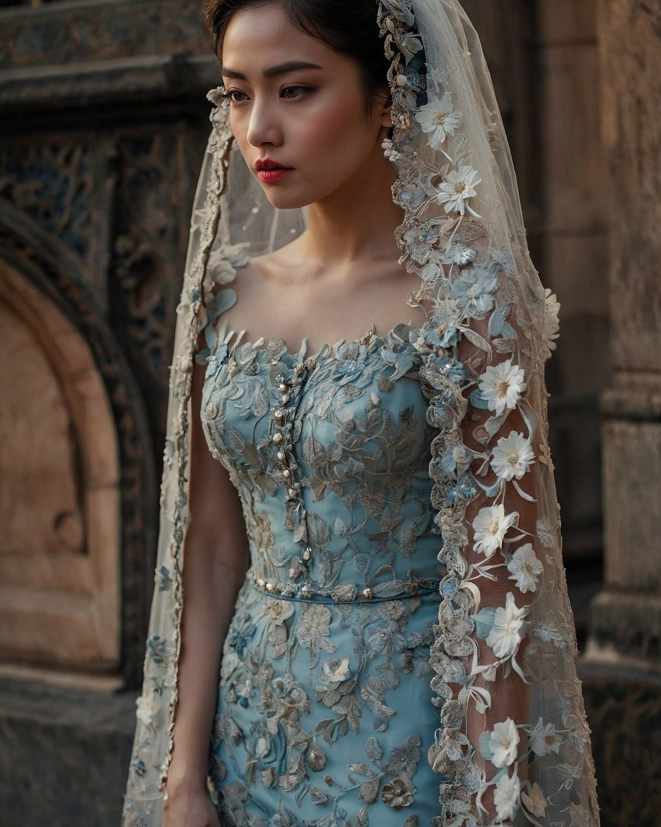 Intricate Detailing on a Blue Tulle Gown