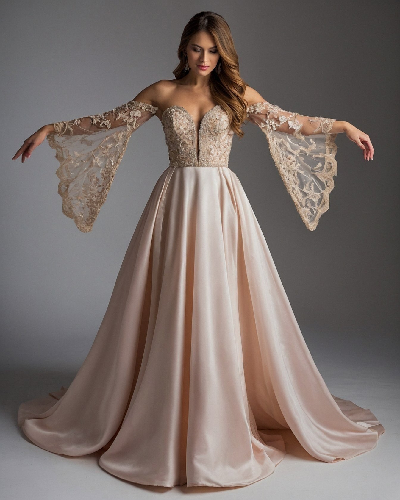 Off-the-shoulder gown with dramatic bell sleeves