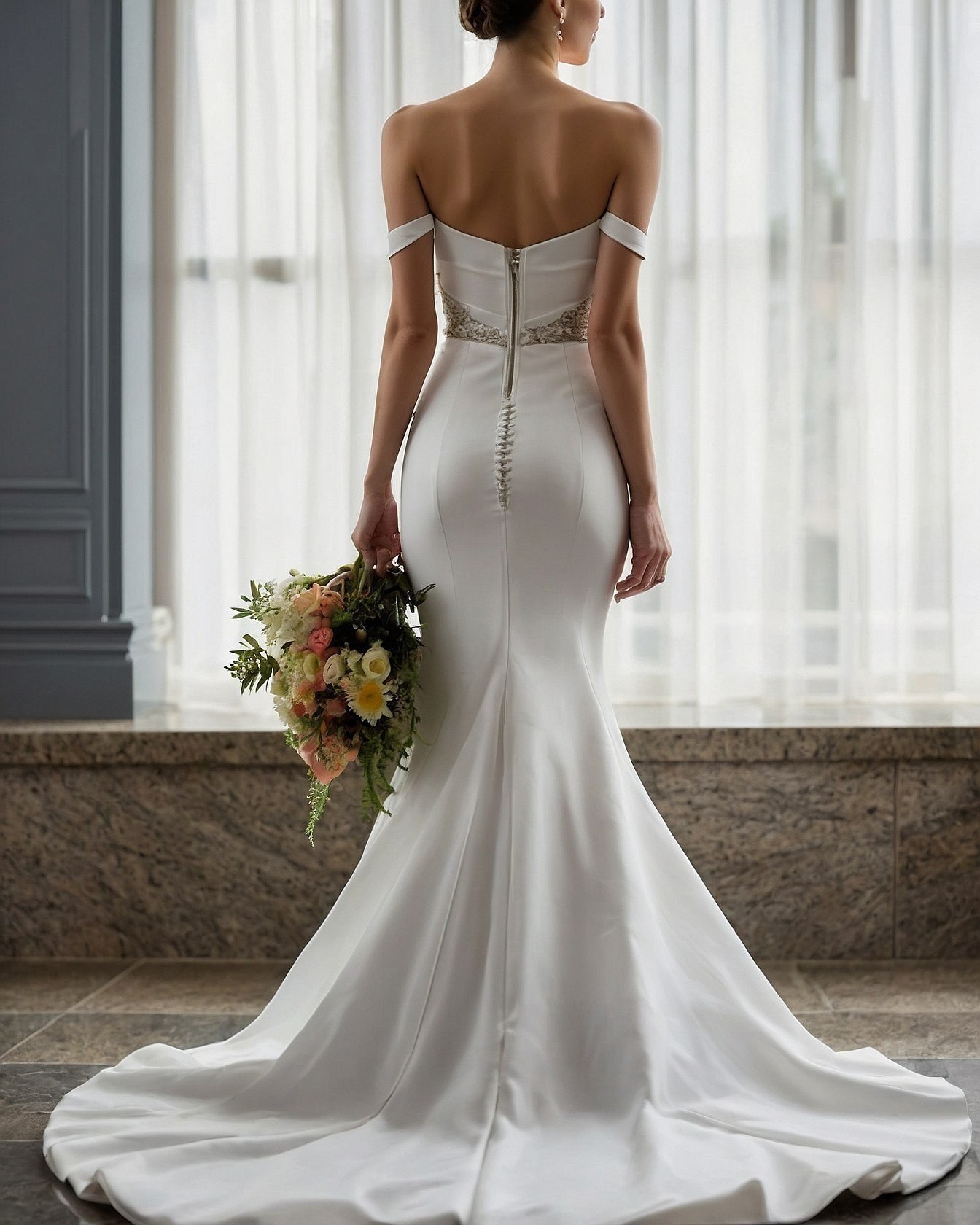 Off-shoulder elegance with a beaded waist detail