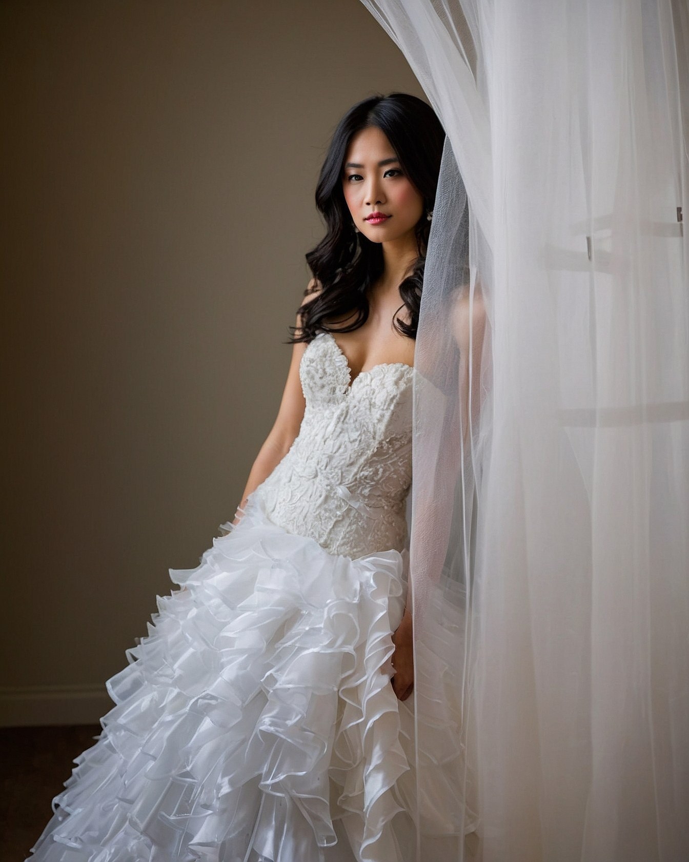 A bride peeks from behind sheer netting