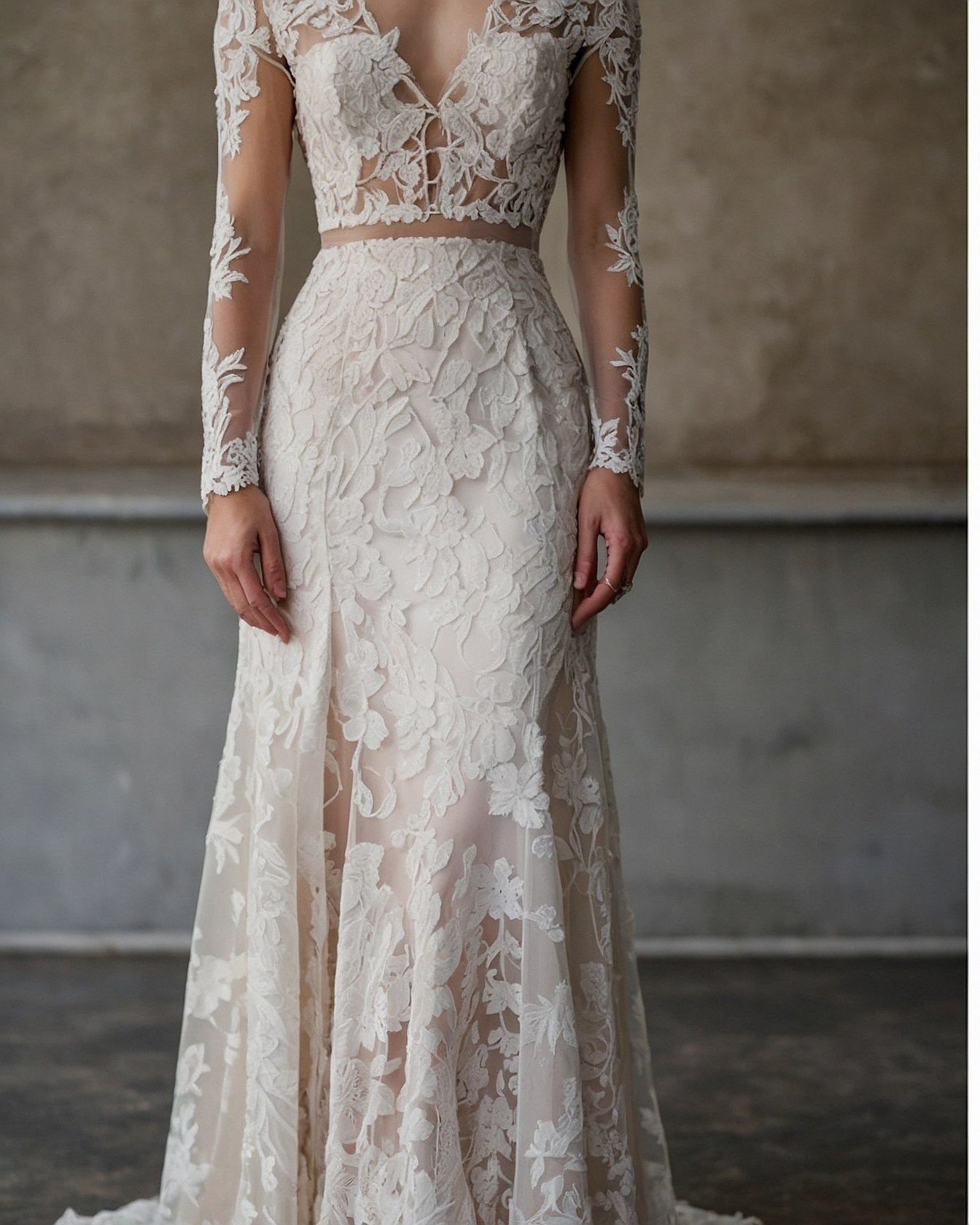 Close-up on Intricate White Lace Wedding Gown Details