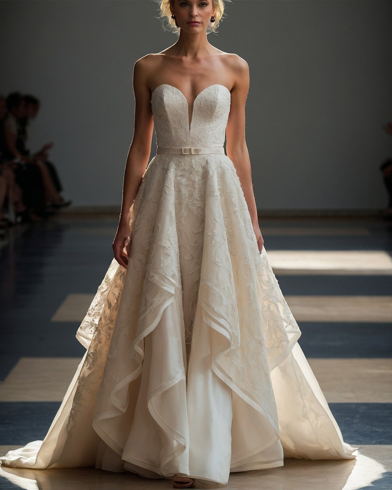 Strapless sweetheart neckline gown with textured overlay