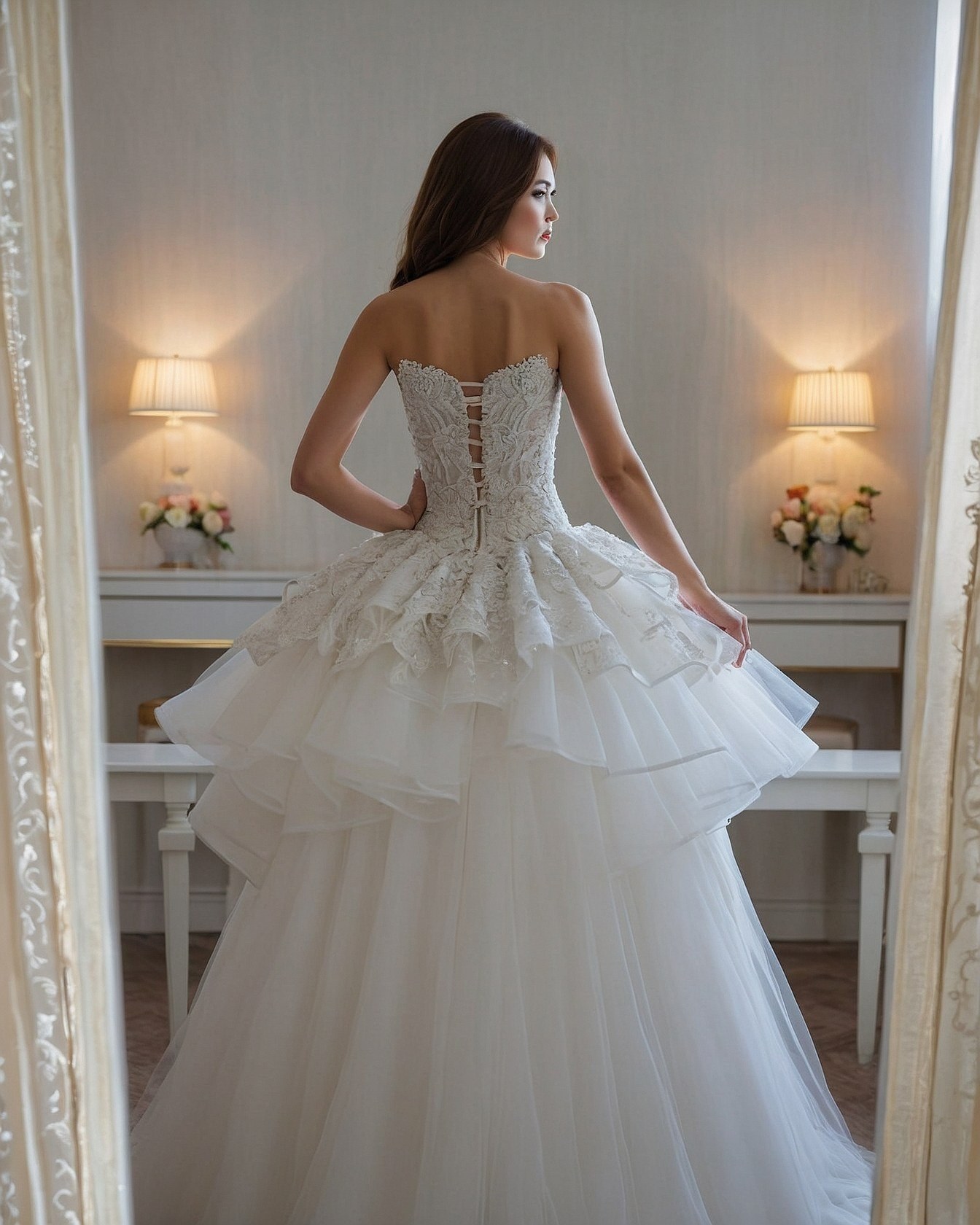 What makes this gown's bodice so alluring?