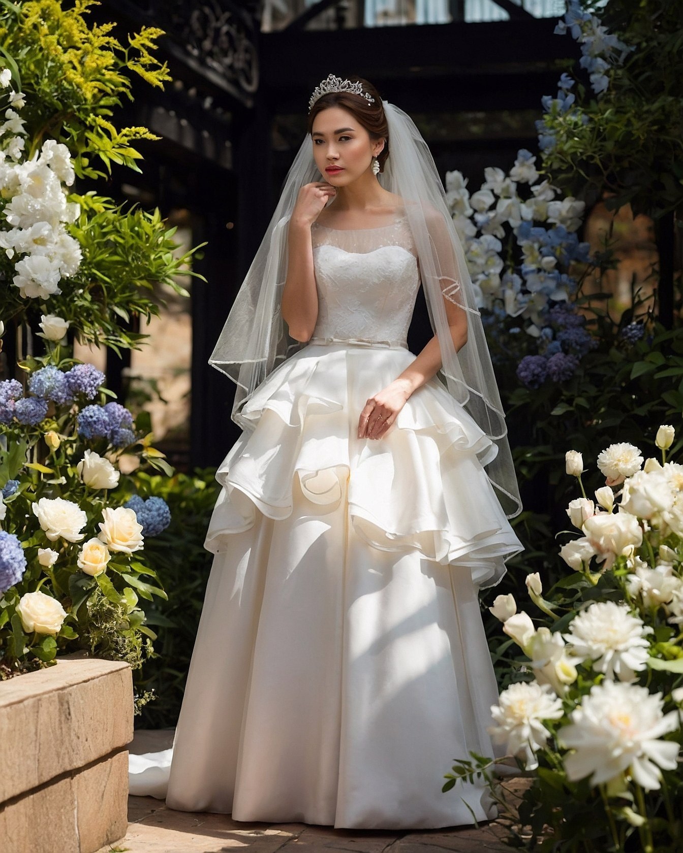 A tiered satin skirt captured in soft natural light