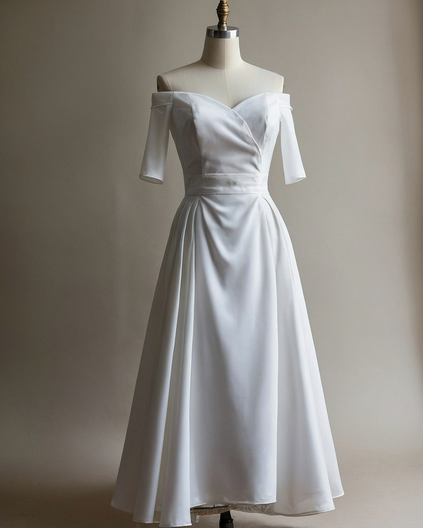 Off-the-Shoulder Satin Gown with a V-Neckline