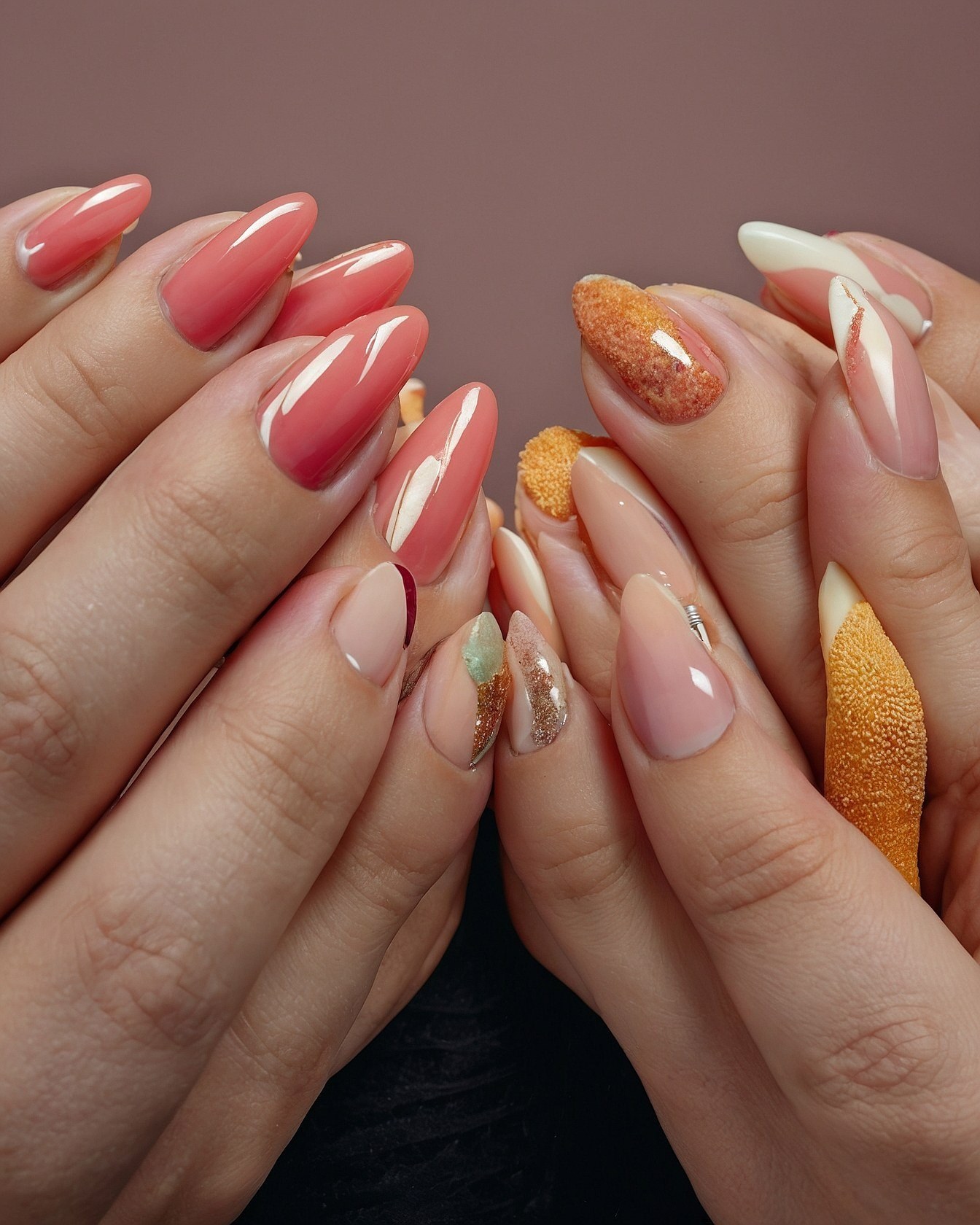 Mixed Textures and Accents on Almond Nails