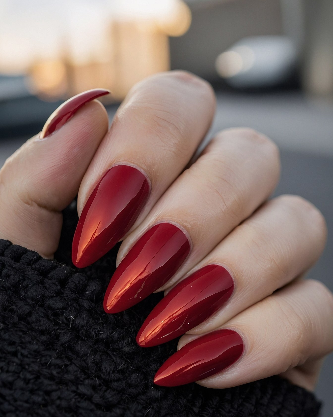 Deep Crimson Reflections on Almond Tips