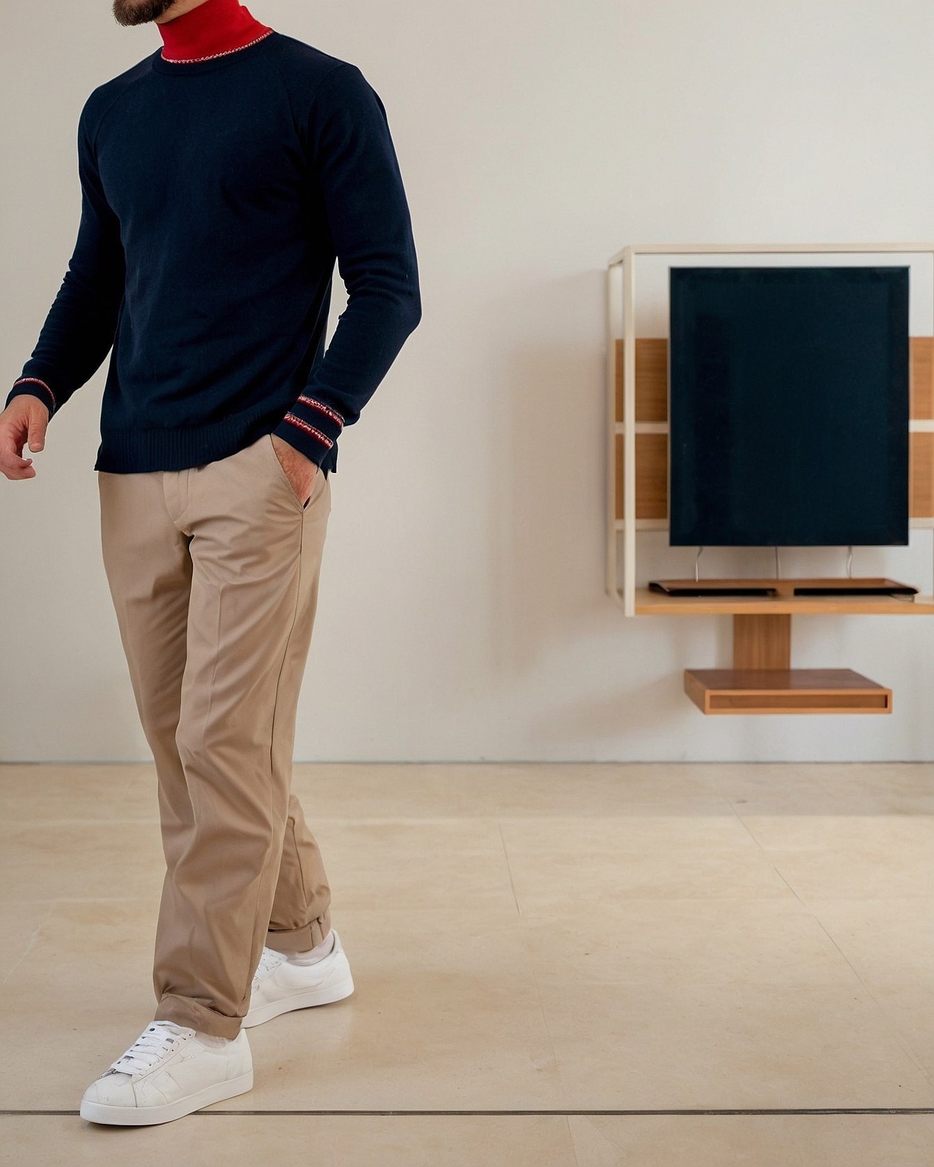 Navy Knit with Red Trim and Khakis