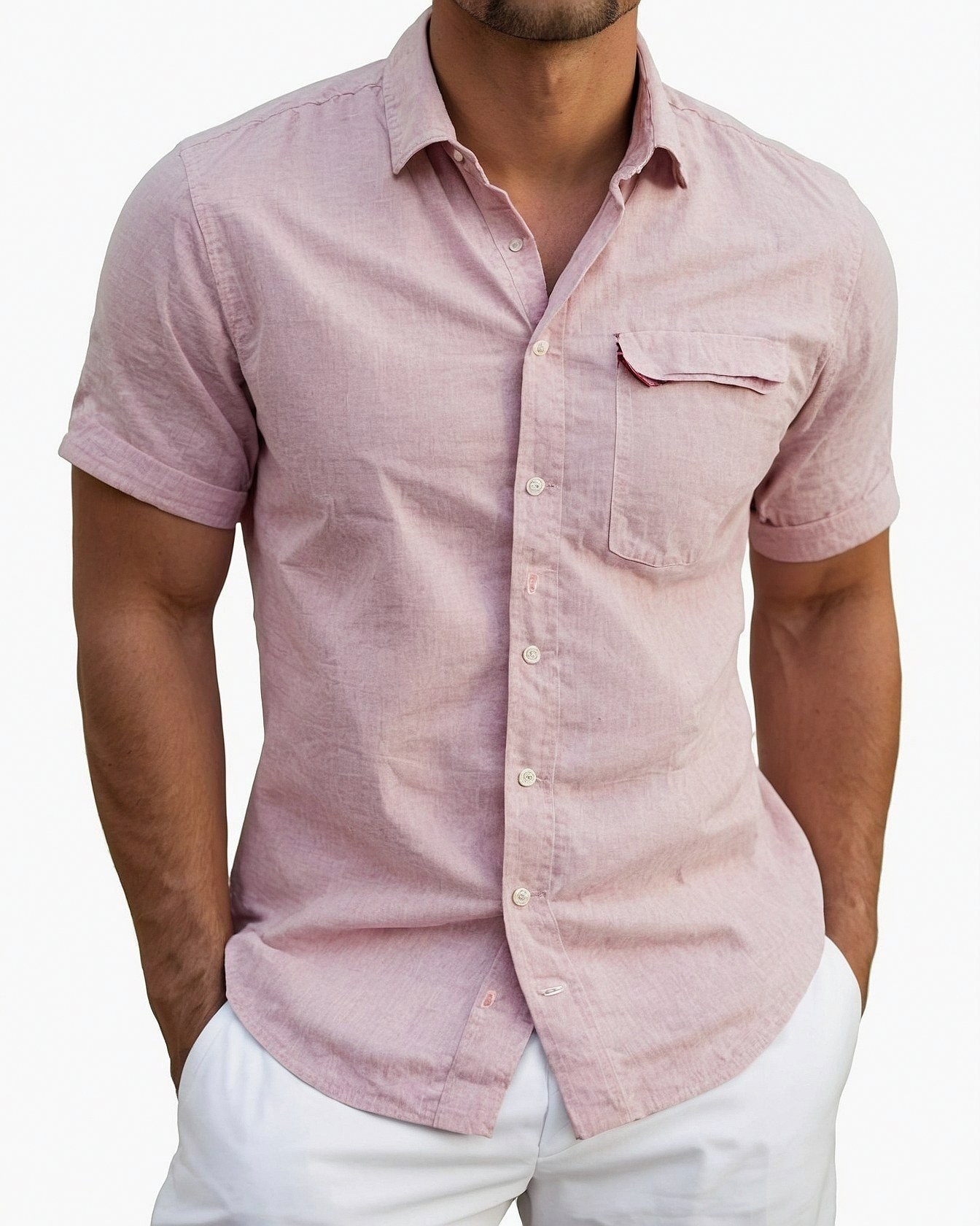 A Soft Pink Shirt and Crisp White Trousers