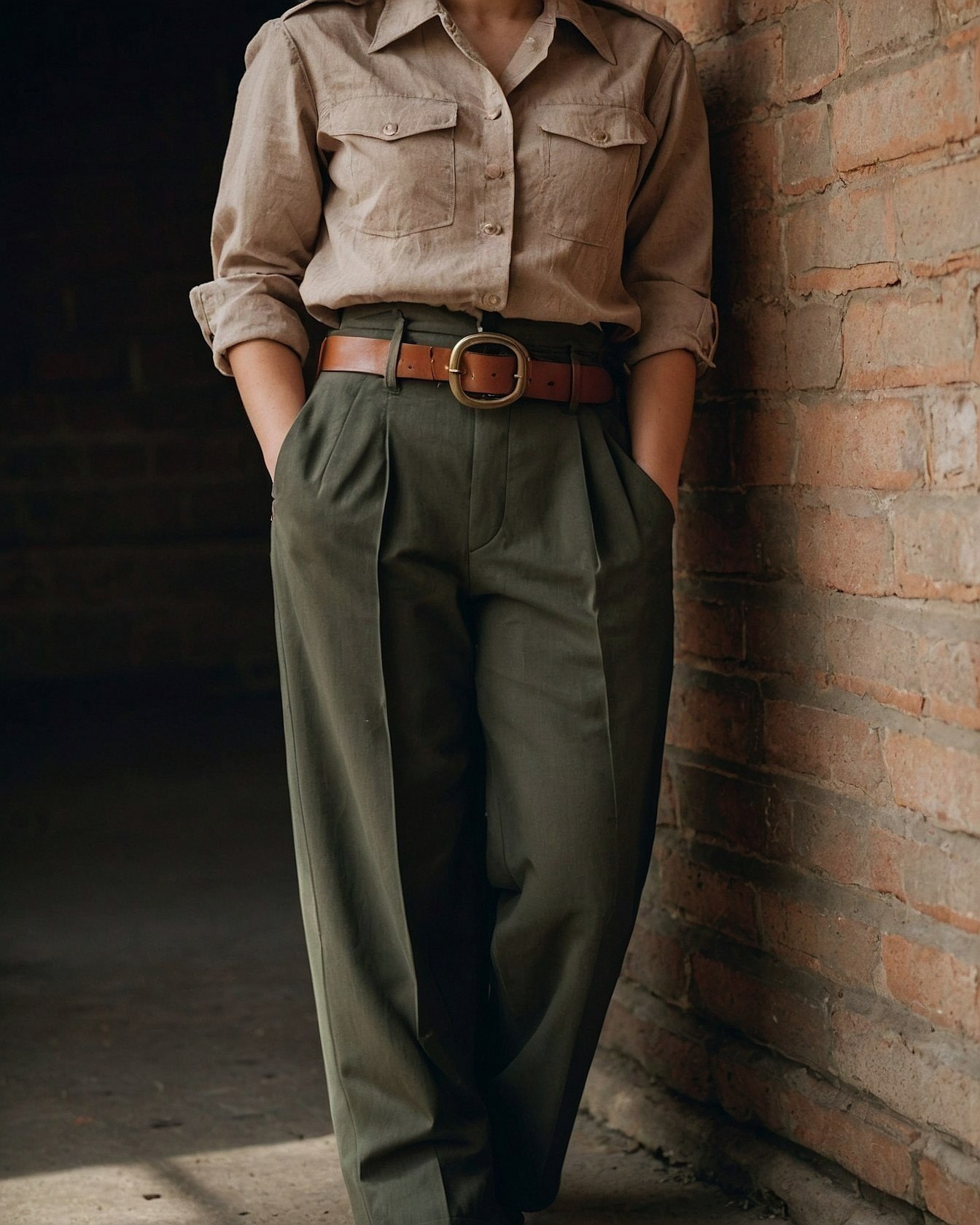 What makes this relaxed, earth-toned ensemble so appealing?