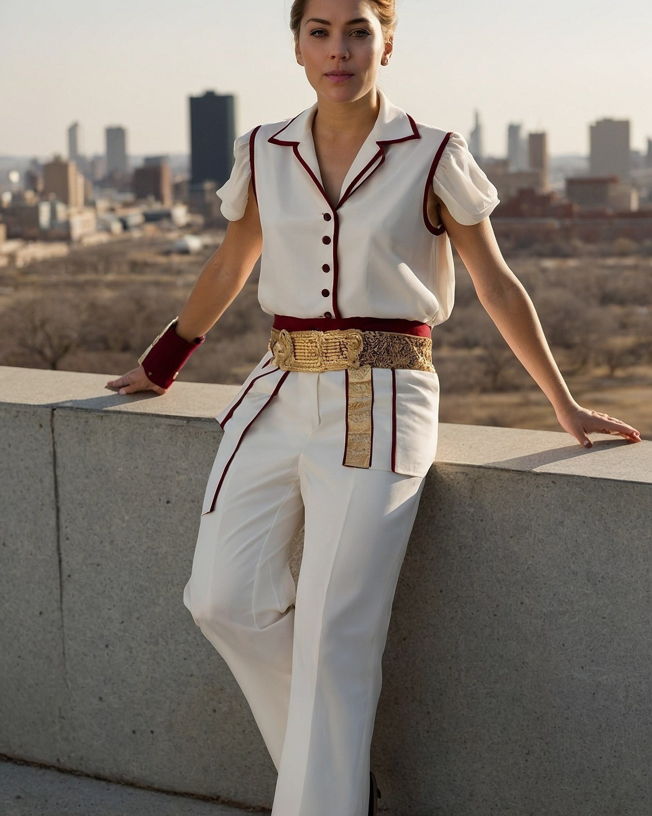 Monochromatic ensemble with a rich gold statement belt