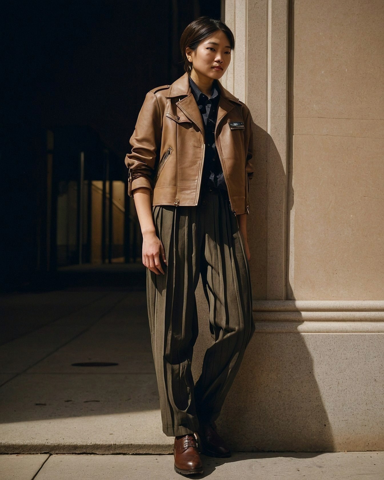 Leather Jacket Meets Pleated Trousers